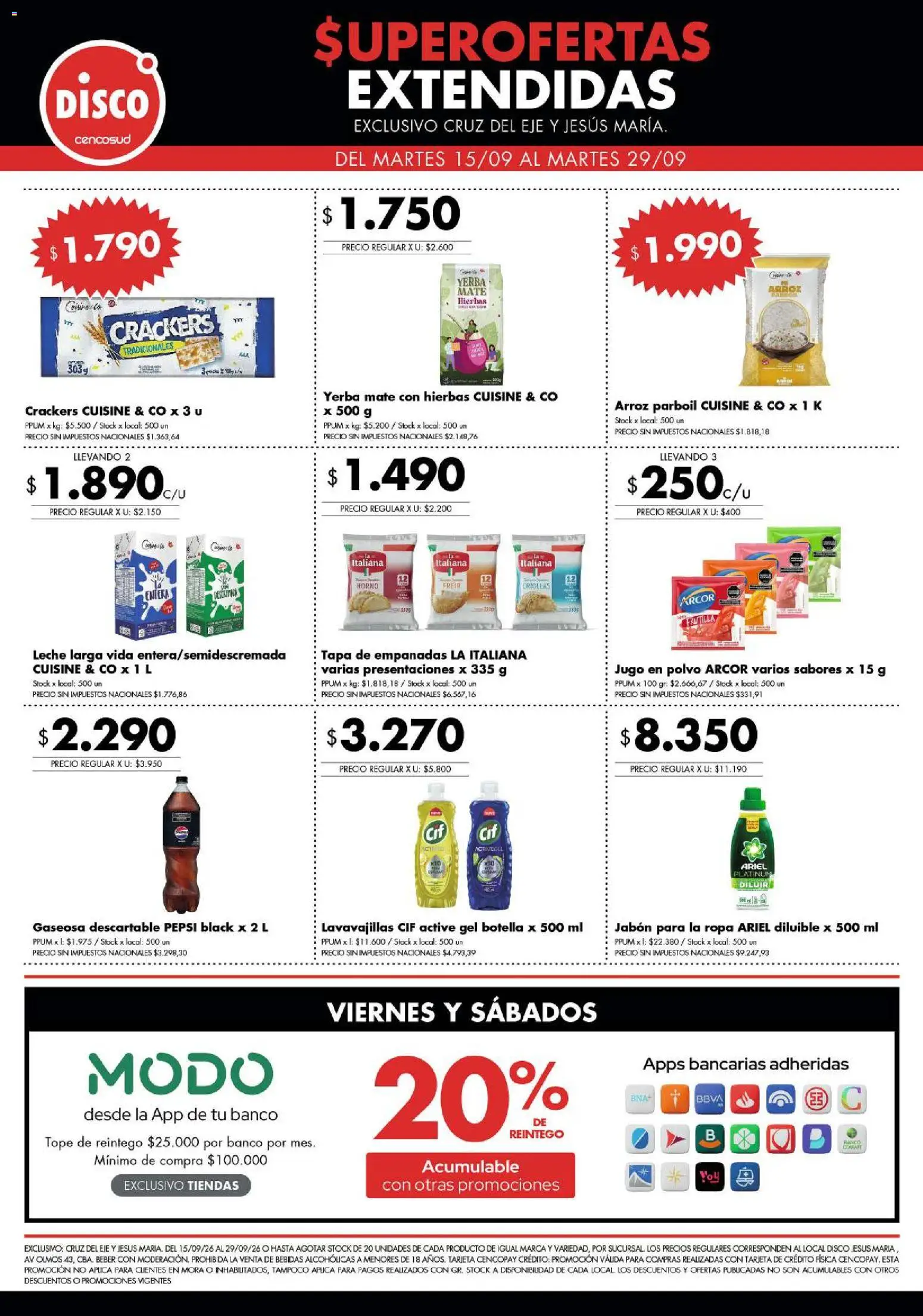 Disco - Superofertas extendidas - Cruz del Eje y Jesus Maria │ válido desde el 15/09/2026 | Página: 1 | Productos: Lavavajillas, Bebidas, Jugo, Arroz