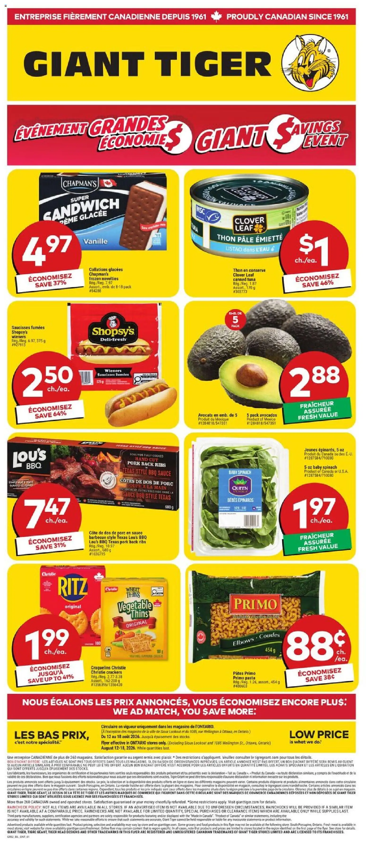 Giant Tiger flyer valid from Aug 12, 2026 | Page: 1 | Products: Pasta, Tuna, Meat, Food