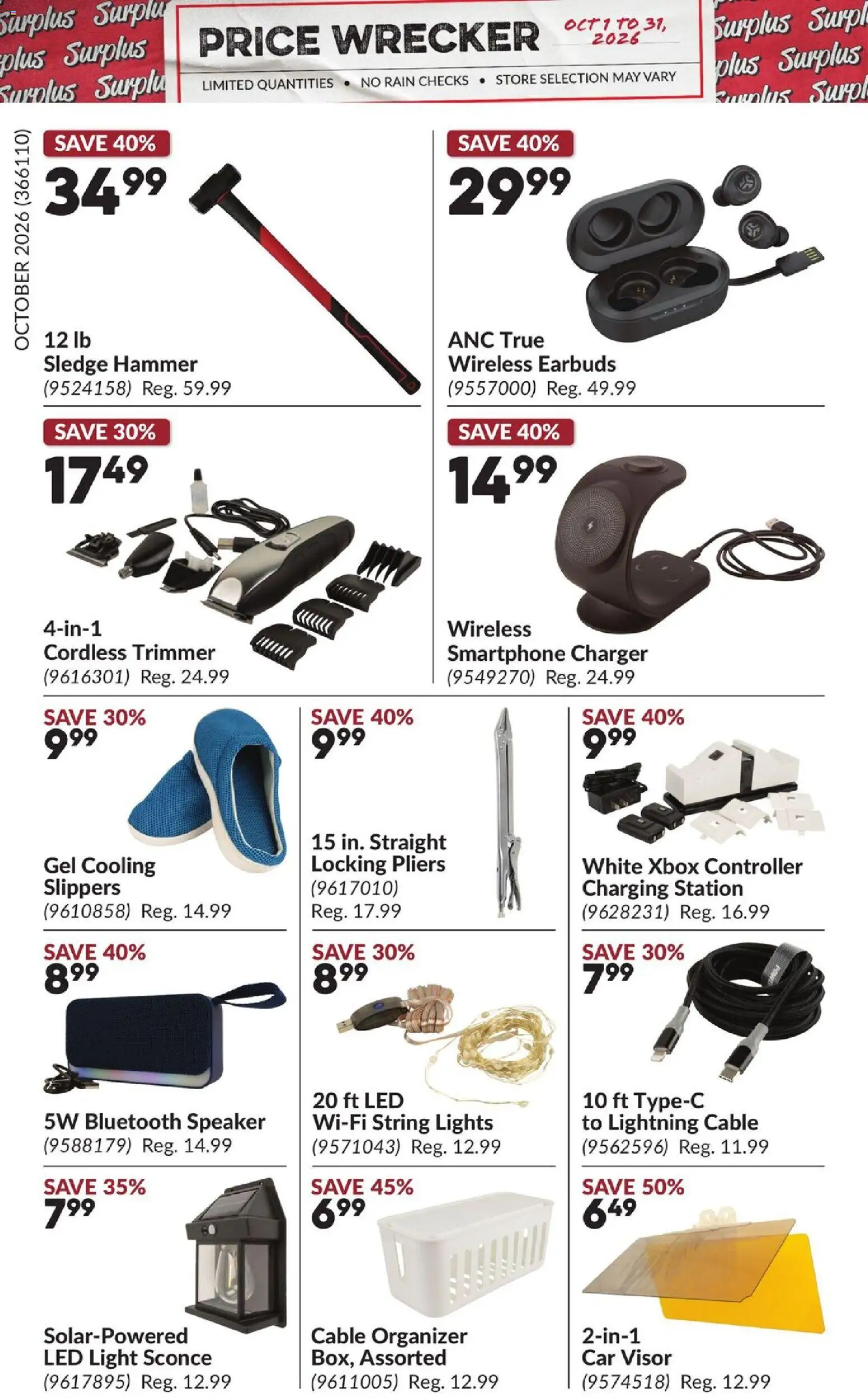 Princess Auto flyer valid from Oct 1, 2026 | Page: 15 | Products: Bluetooth speaker, Slippers, Smartphone, Cable