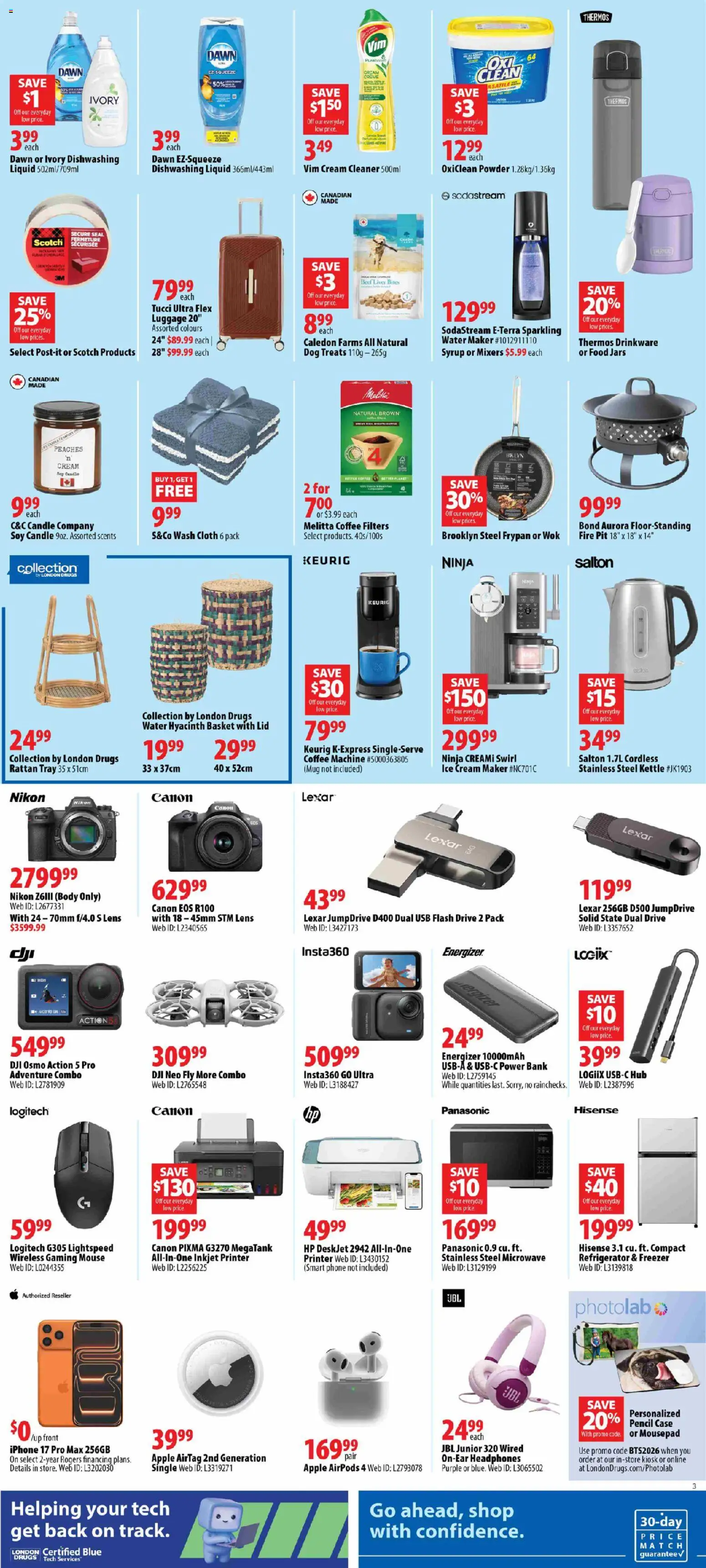 London Drugs flyer valid from Aug 28, 2026 | Page: 4 | Products: Headphones, Kettle, Food, Coffee