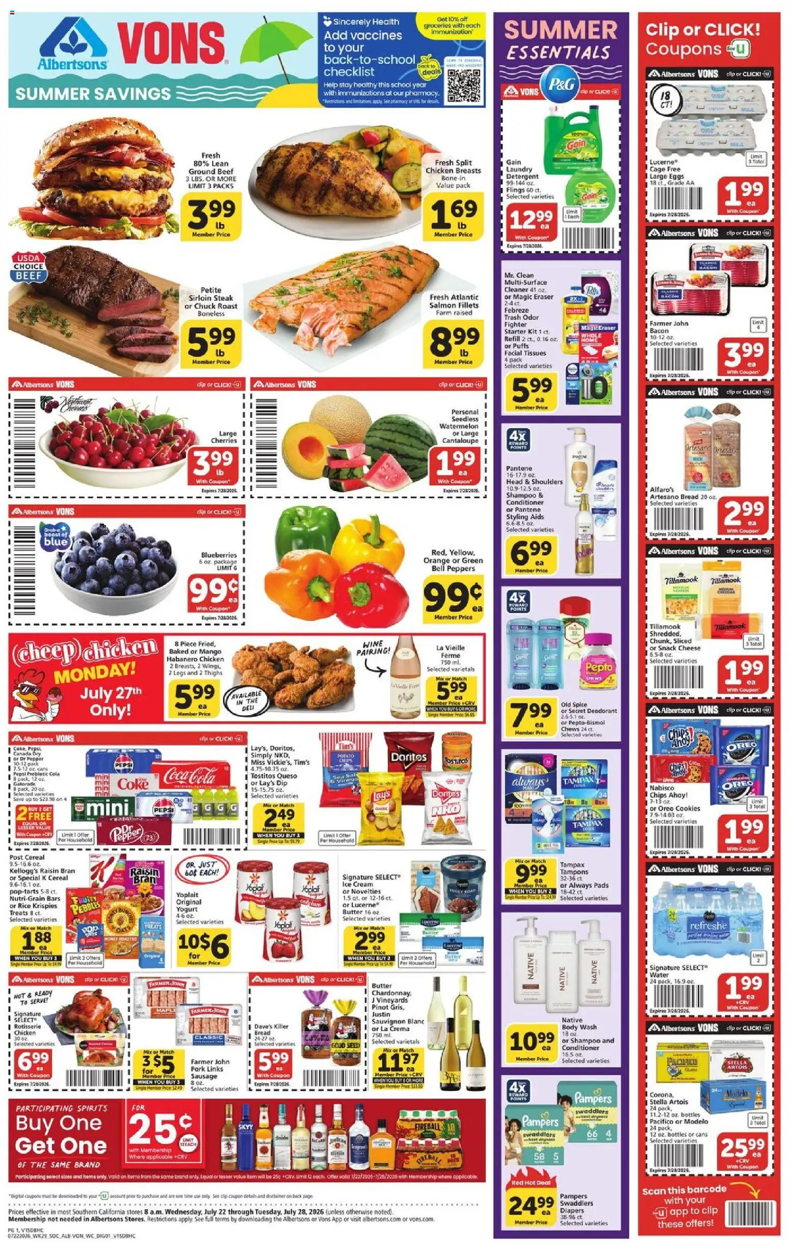 Vons Weekly Ad - valid from 07/22/2026 | Page: 1 | Products: Eggs, Detergent, Starter, Blueberries