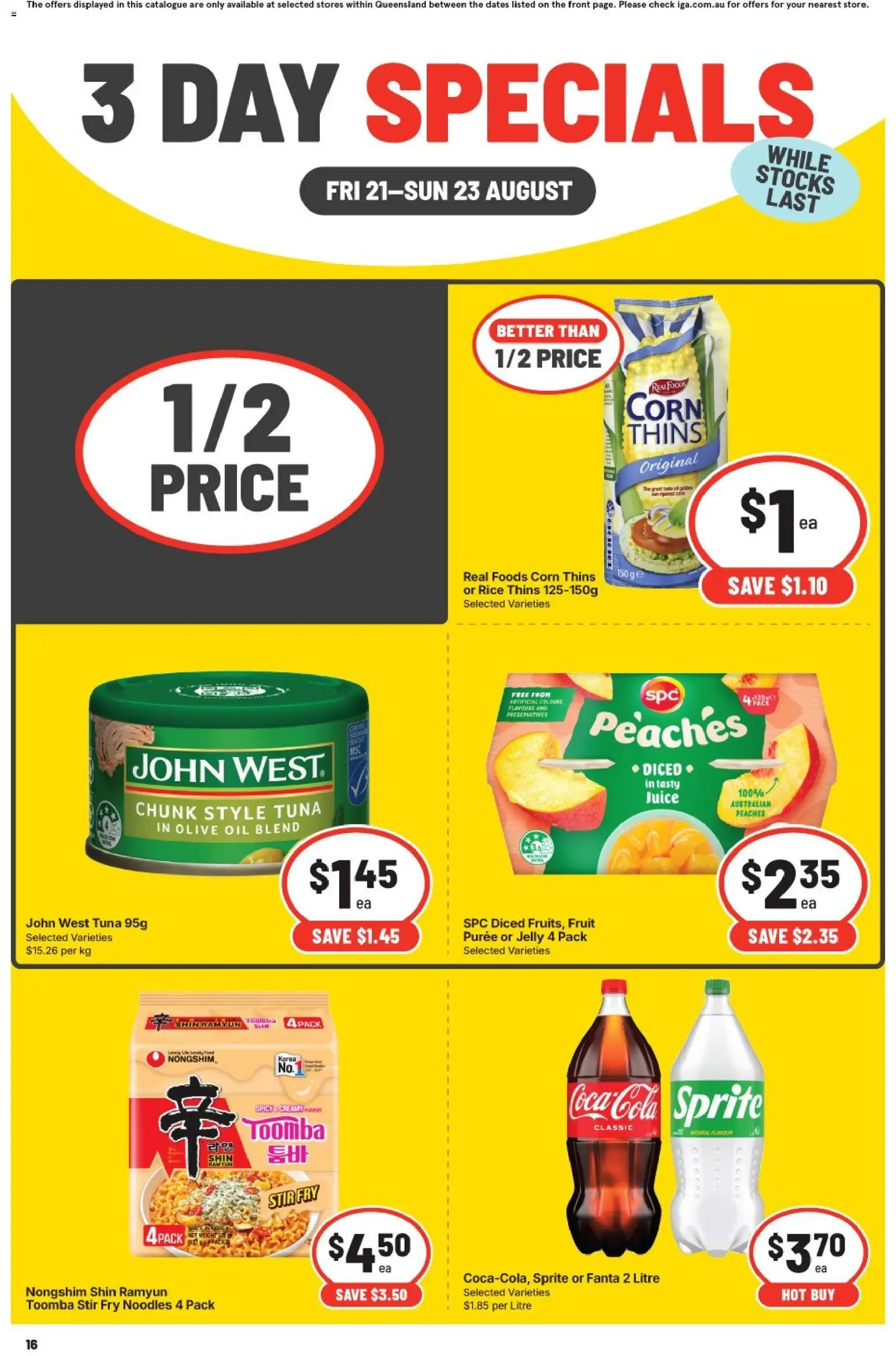 IGA catalogue - valid from 21/08/2026 | Page: 3 | Products: Peaches, Corn, Noodles, Tuna