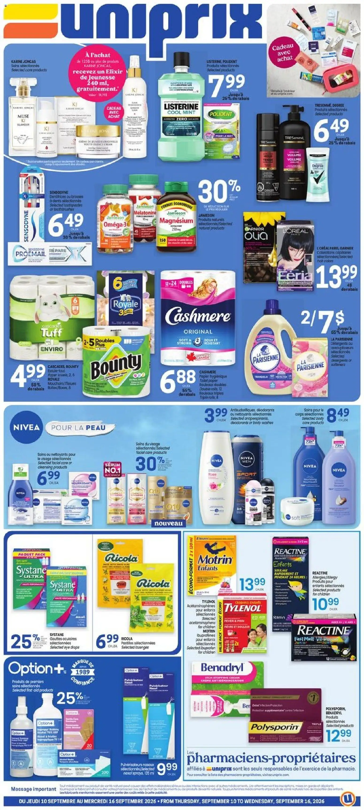 Uniprix flyer valid from Sep 10, 2026 | Page: 1 | Products: Eye drops, Listerine, Omega 3, Omega