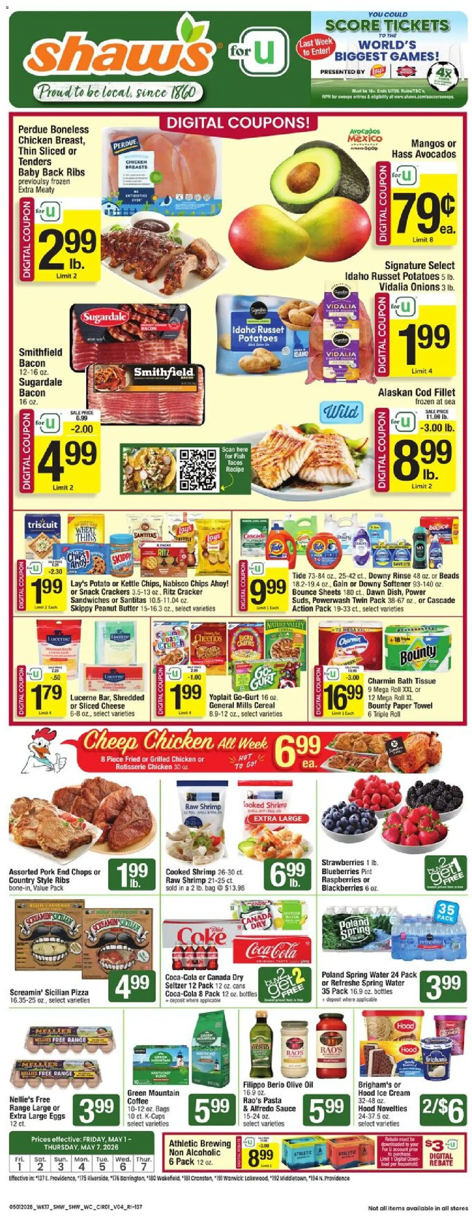 Shaw's Weekly Ad - RI - valid from 01.05.2026 | Page: 1 | Products: Cheese, Coffee, Pasta, Potatoes