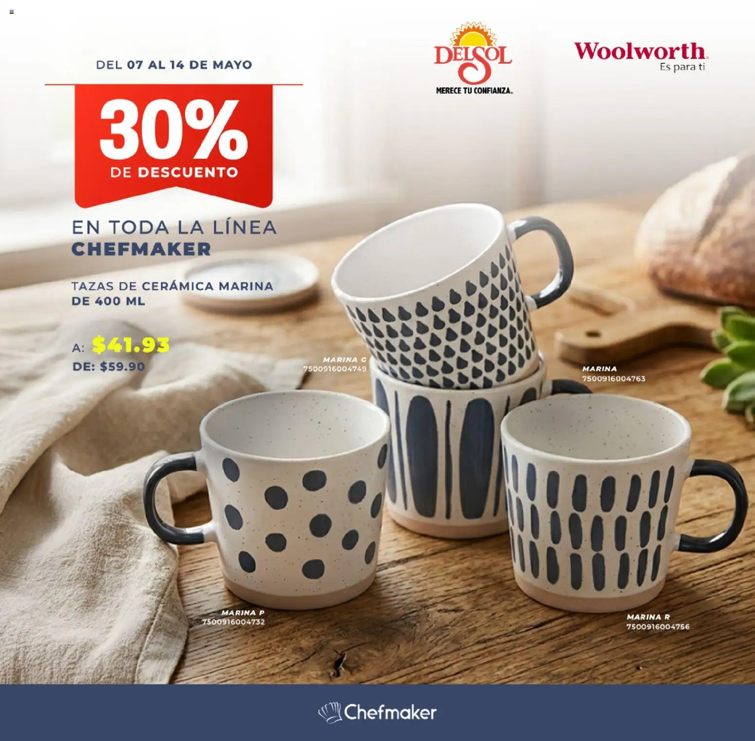 Nuevas ofertas de Del Sol y Woolworth válidas en toda la República Mexicana desde el 07.05.2026. ¡Encuentra las mejores ofertas en Del Sol y Woolworth katalog Pasillo Chefmaker! | Página: 5
