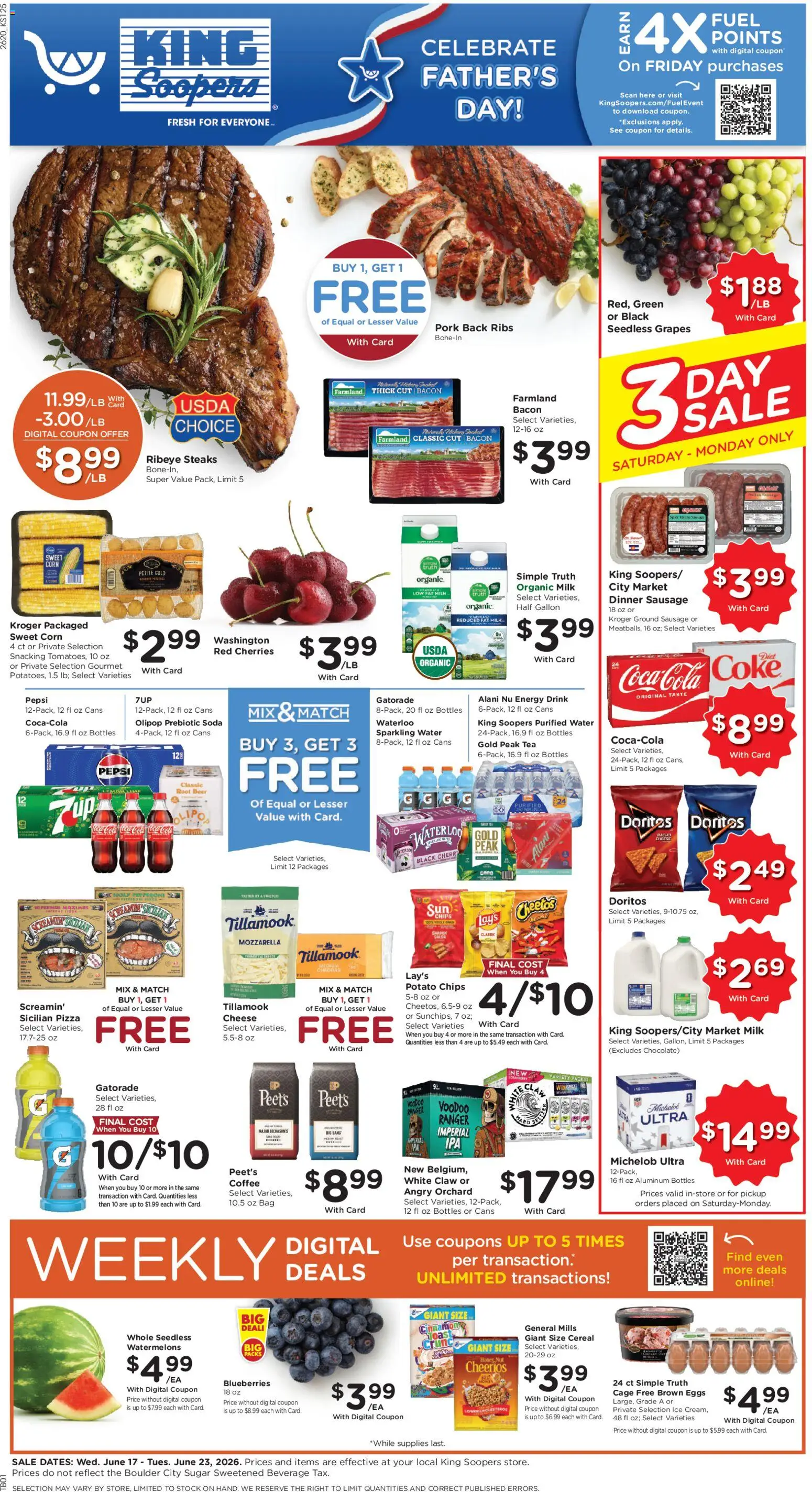 King Soopers Weekly Ad - valid from 17.06.2026 | Page: 1 | Products: Water, Sugar, Sausage, Grapes