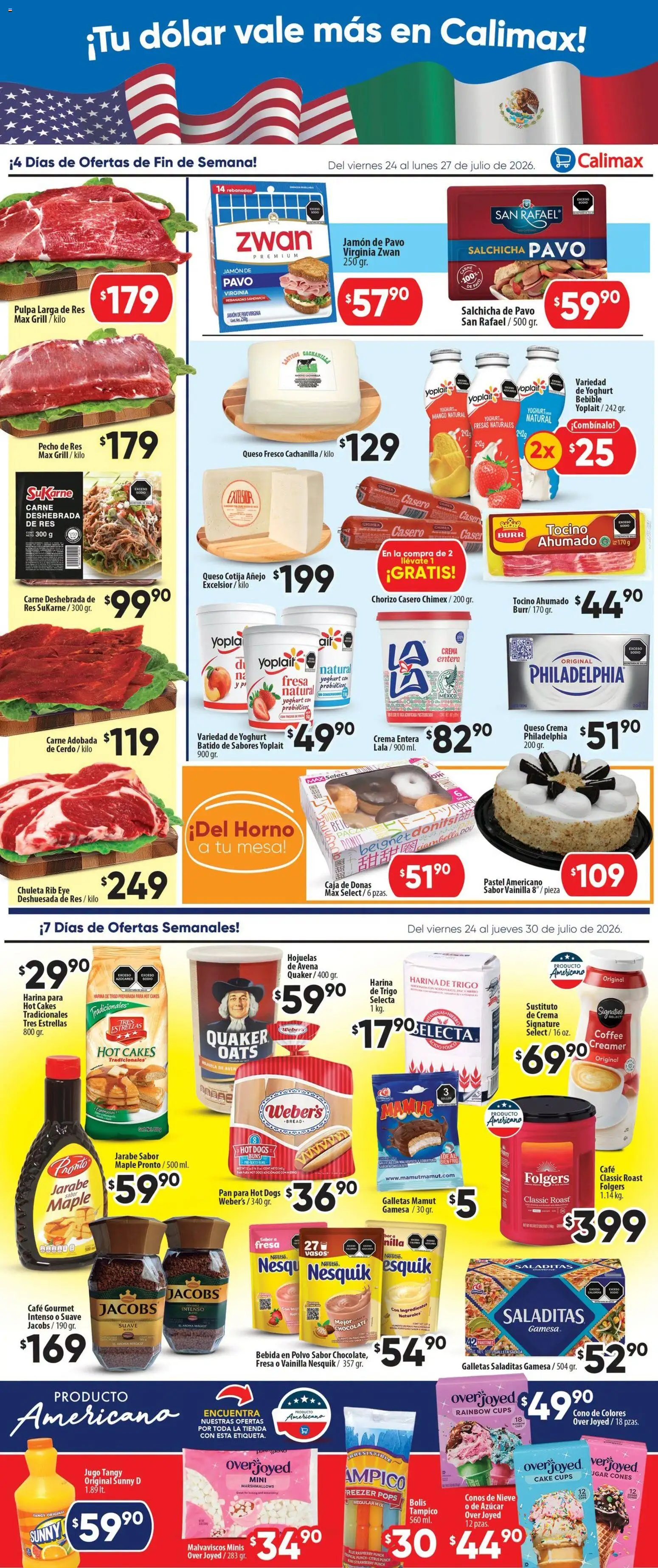 Nuevas ofertas de Calimax válidas en toda la República Mexicana desde el 24/07/2026. ¡Encuentra las mejores ofertas en Calimax folleto Mexicali y SLRC! | Página: 2 | Productos: Café, Res, Hojuelas, Mesa