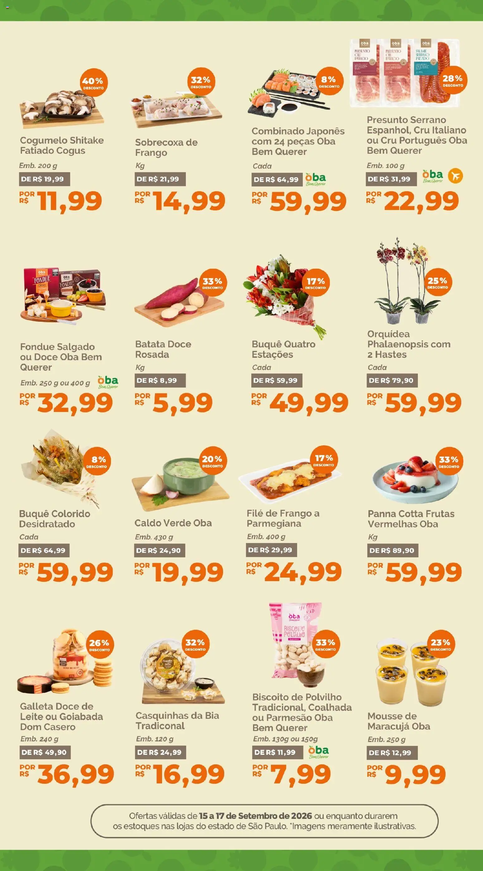 Oba Hortifruti Folheto - válido de 15/09/2026 | Página: 6 | Produtos: Frutas, Biscoito, Cogumelo, Parmesão