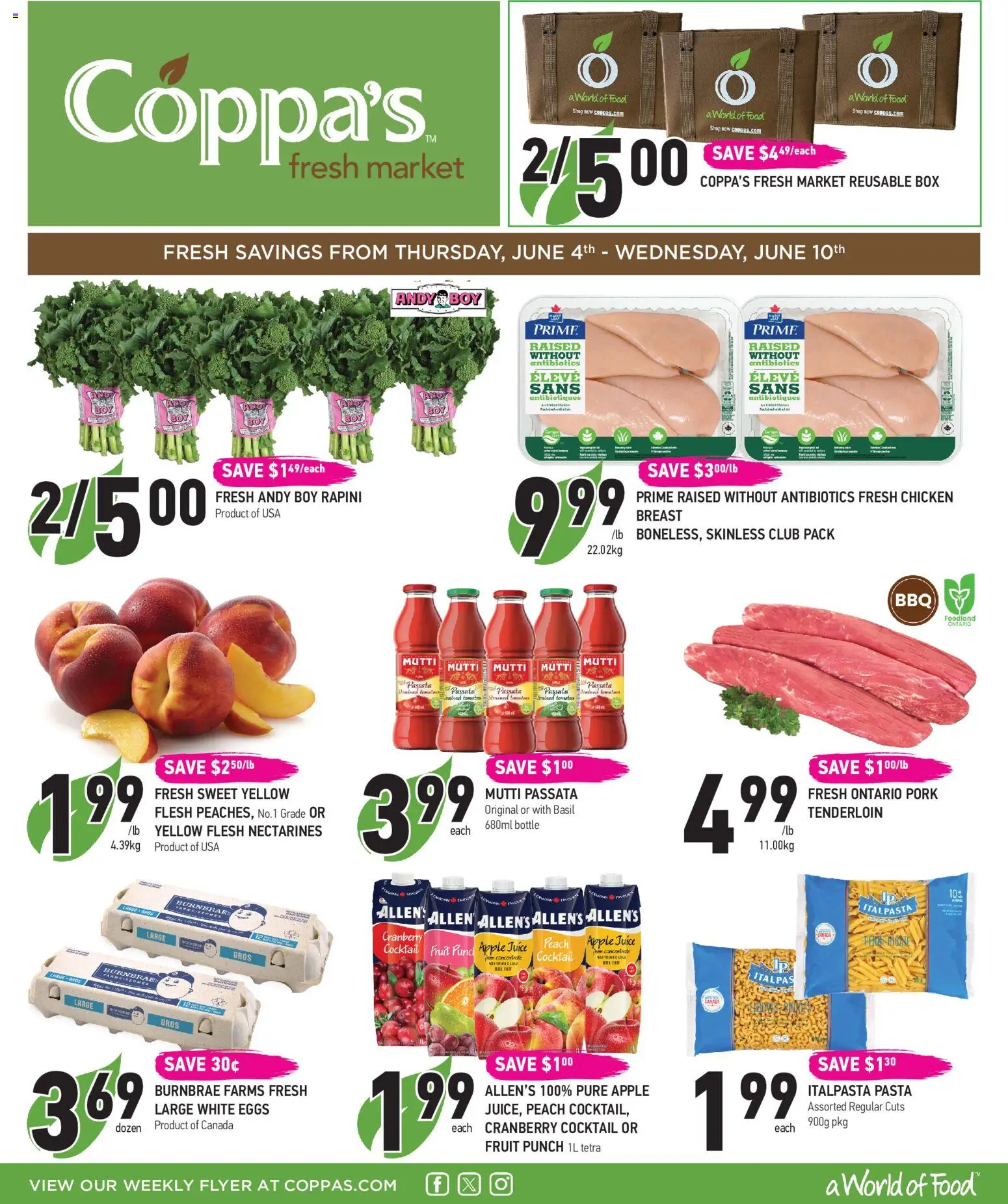 Coppas Fresh Market flyer valid from 04.06.2026 | Page: 1 | Products: Box, Eggs, Juice, Pork