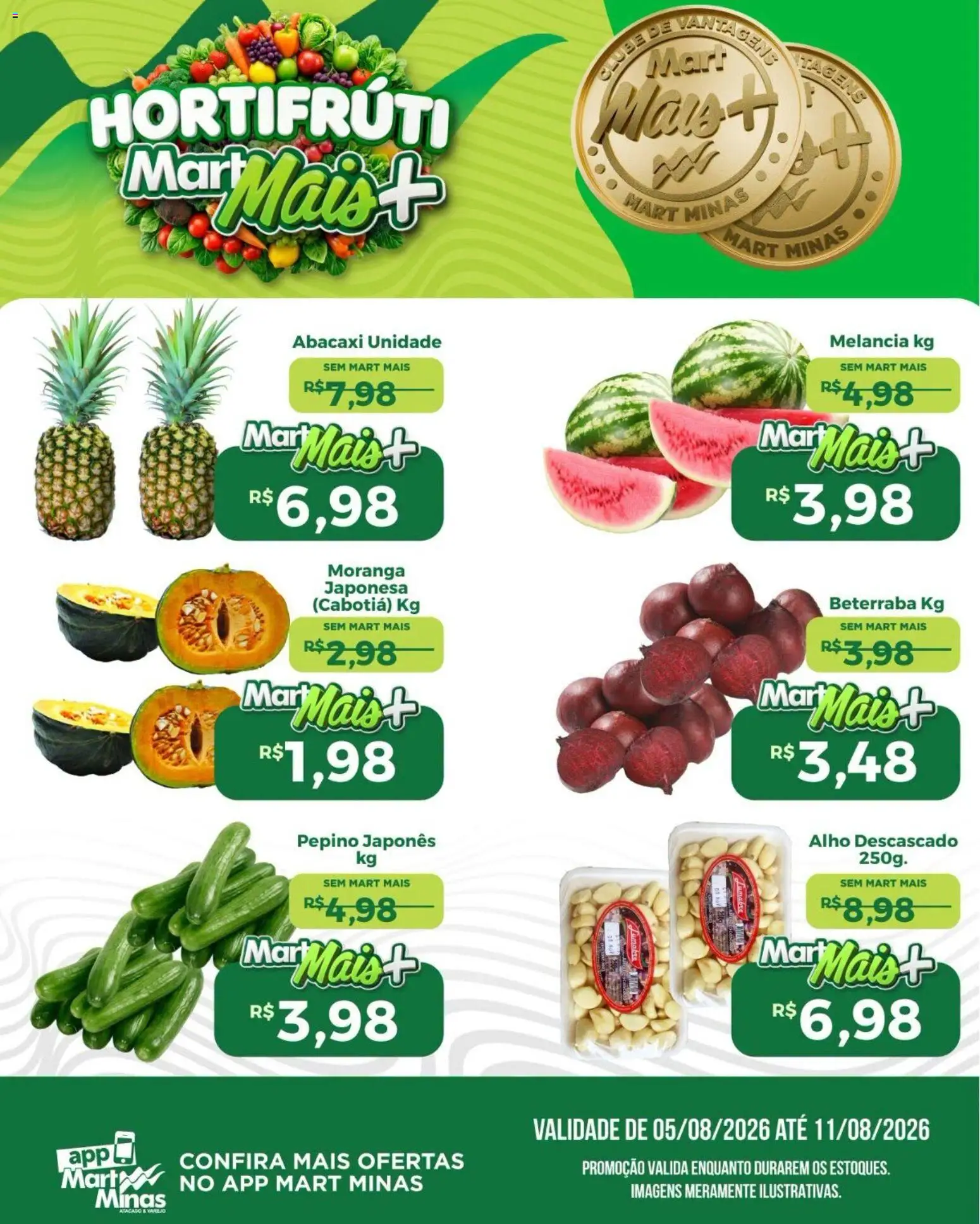 Mart Minas Folheto - válido de 05/08/2026 | Página: 1 | Produtos: Melancia, Alho, Beterraba, Abacaxi