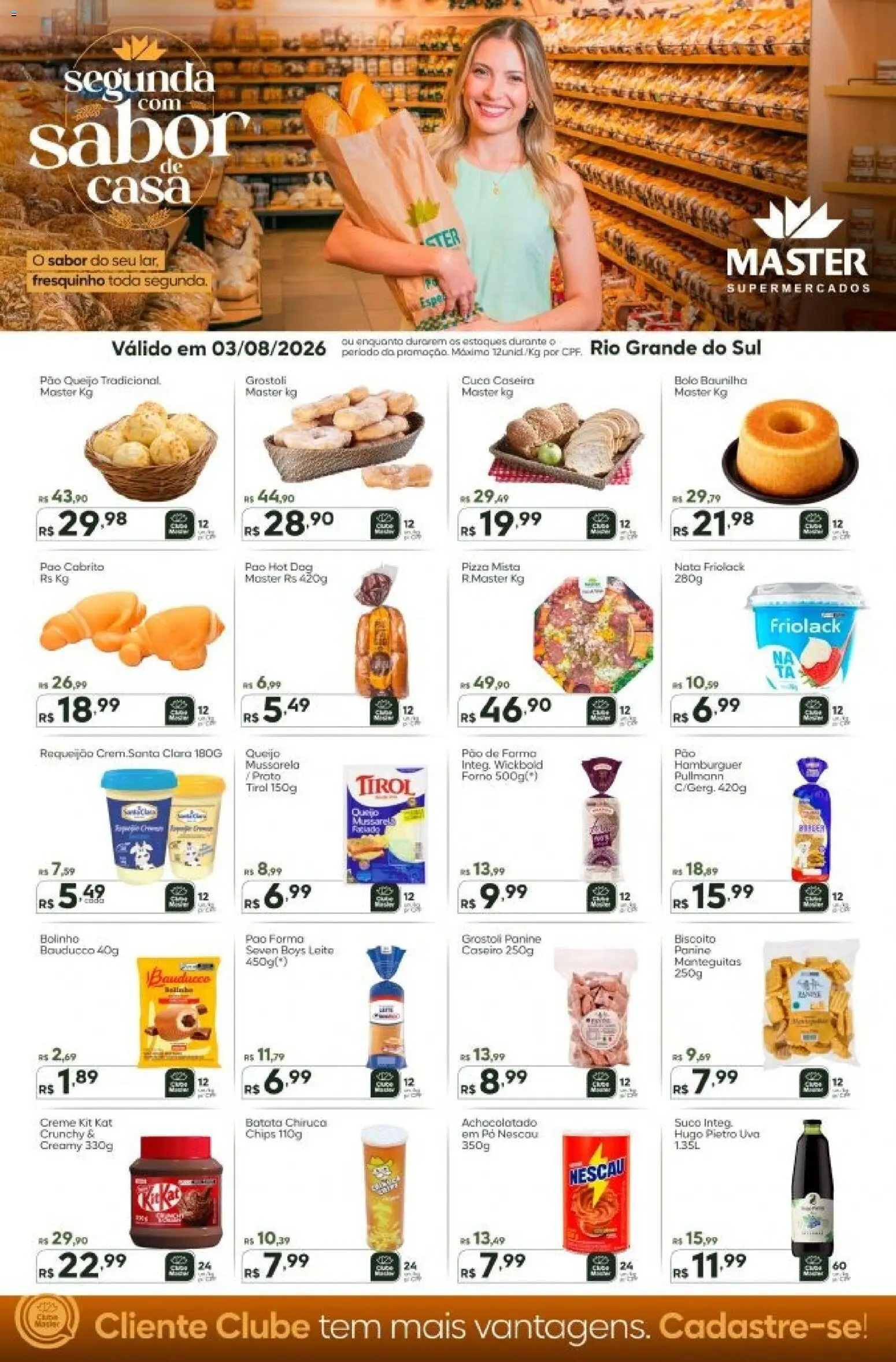 Master Folheto - válido de 03/08/2026 | Página: 1 | Produtos: Nescau, Queijo, Suco, Mussarela