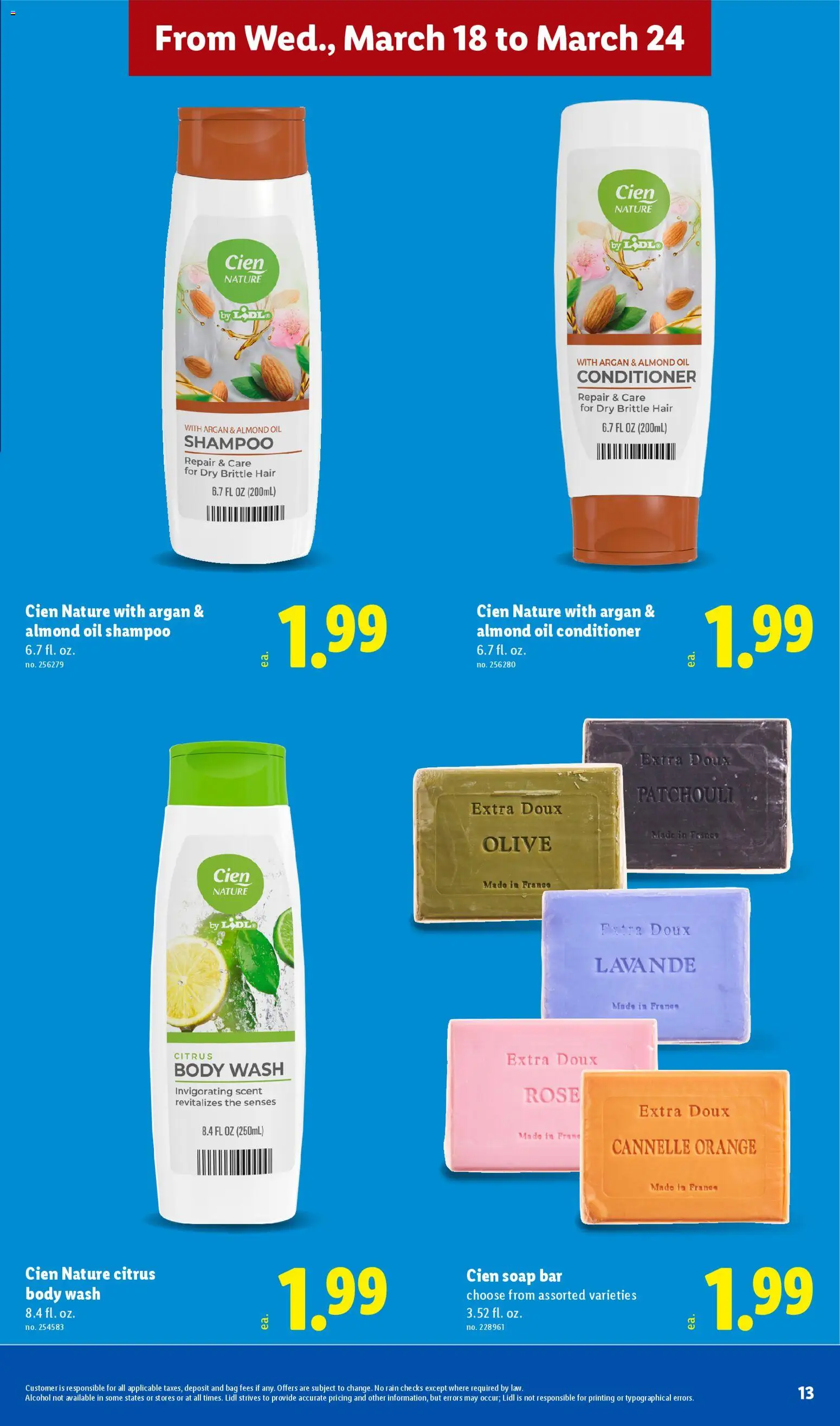 Lidl Weekly Ad - valid from 18.03.2026 | Page: 13 | Products: Shampoo, Oil, Soap, Bag
