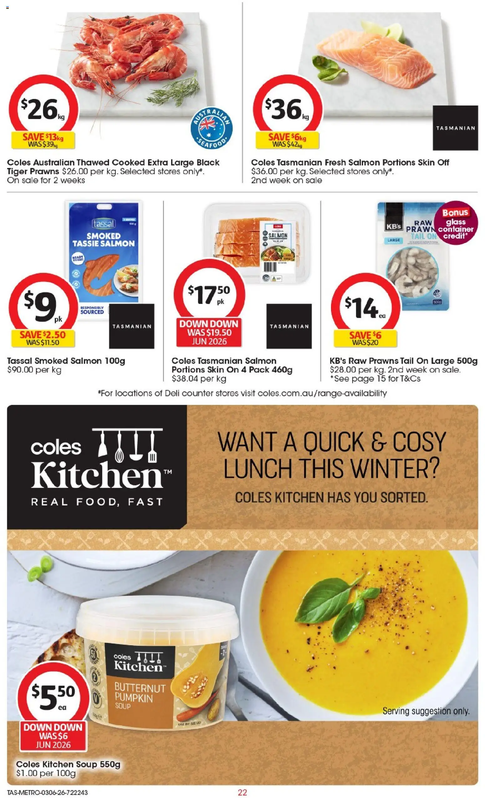 Coles catalogue - valid from 03.06.2026 | Page: 22 | Products: Prawns, Salmon, Soup, Pumpkin