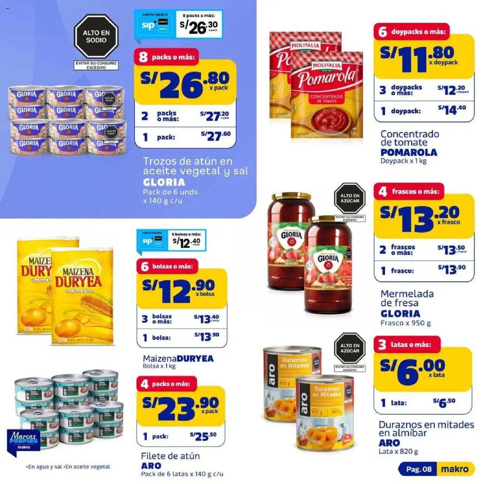 Catálogo Makro válido desde 13/08/2026 | Página: 8 | Productos: Duraznos, Atún, Aceite vegetal, Filete
