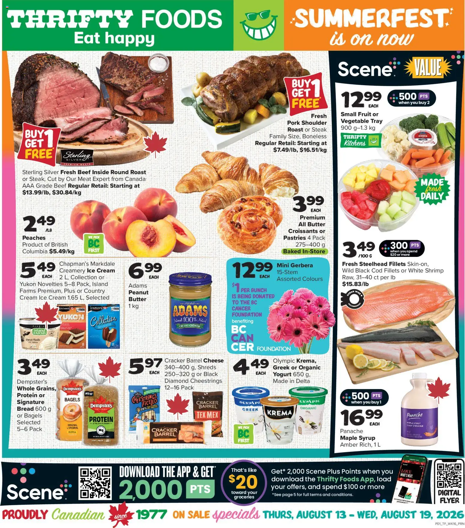 Thrifty Foods flyer valid from Aug 13, 2026 | Page: 1 | Products: Beef, Fruit, Shrimp, Ice