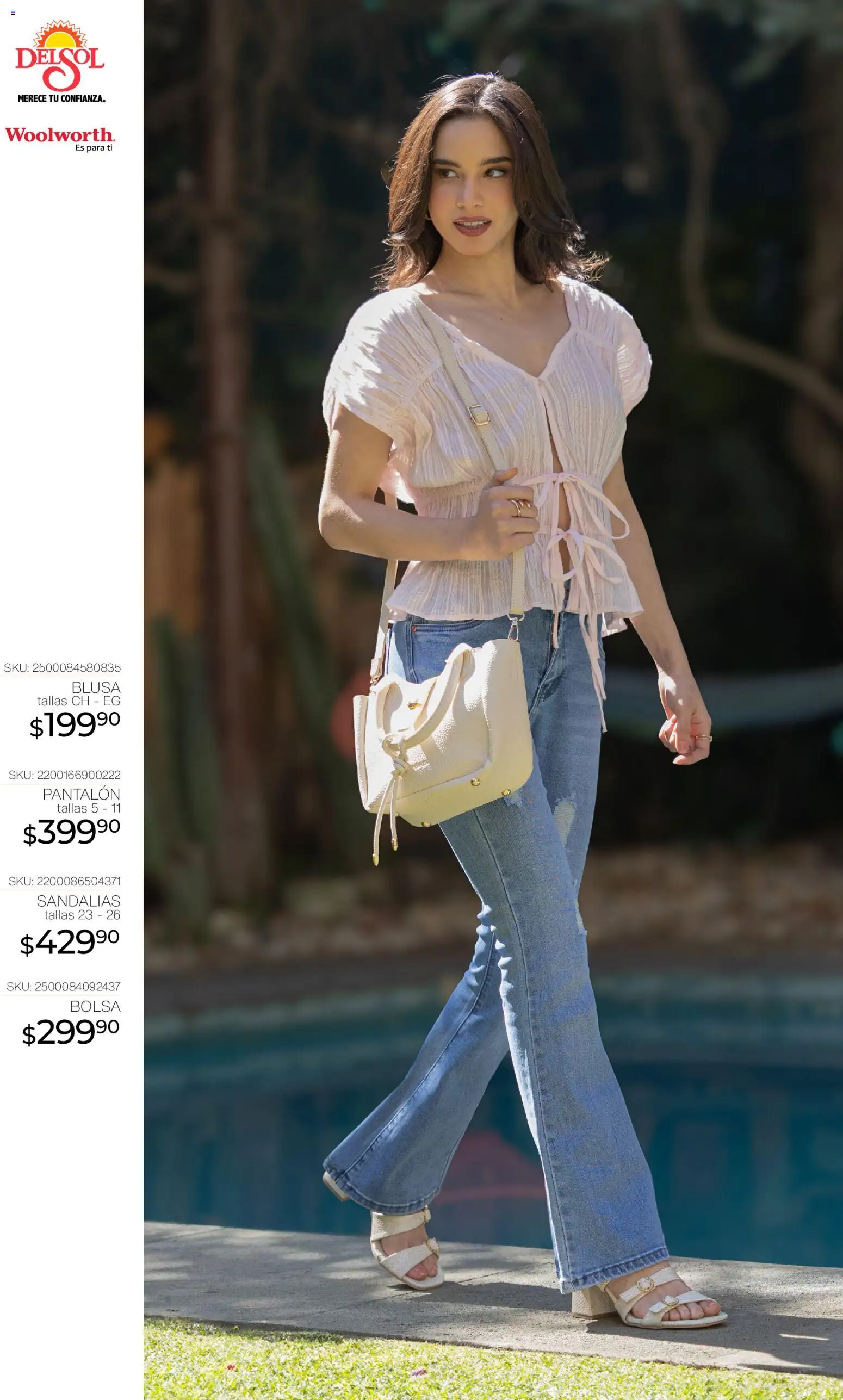Nuevas ofertas de Del Sol y Woolworth válidas en toda la República Mexicana desde el 16.04.2026. ¡Encuentra las mejores ofertas en Del Sol y Woolworth katalog Moda Madres 2026! | Página: 2 | Productos: Blusa, Bolsa, Sandalias
