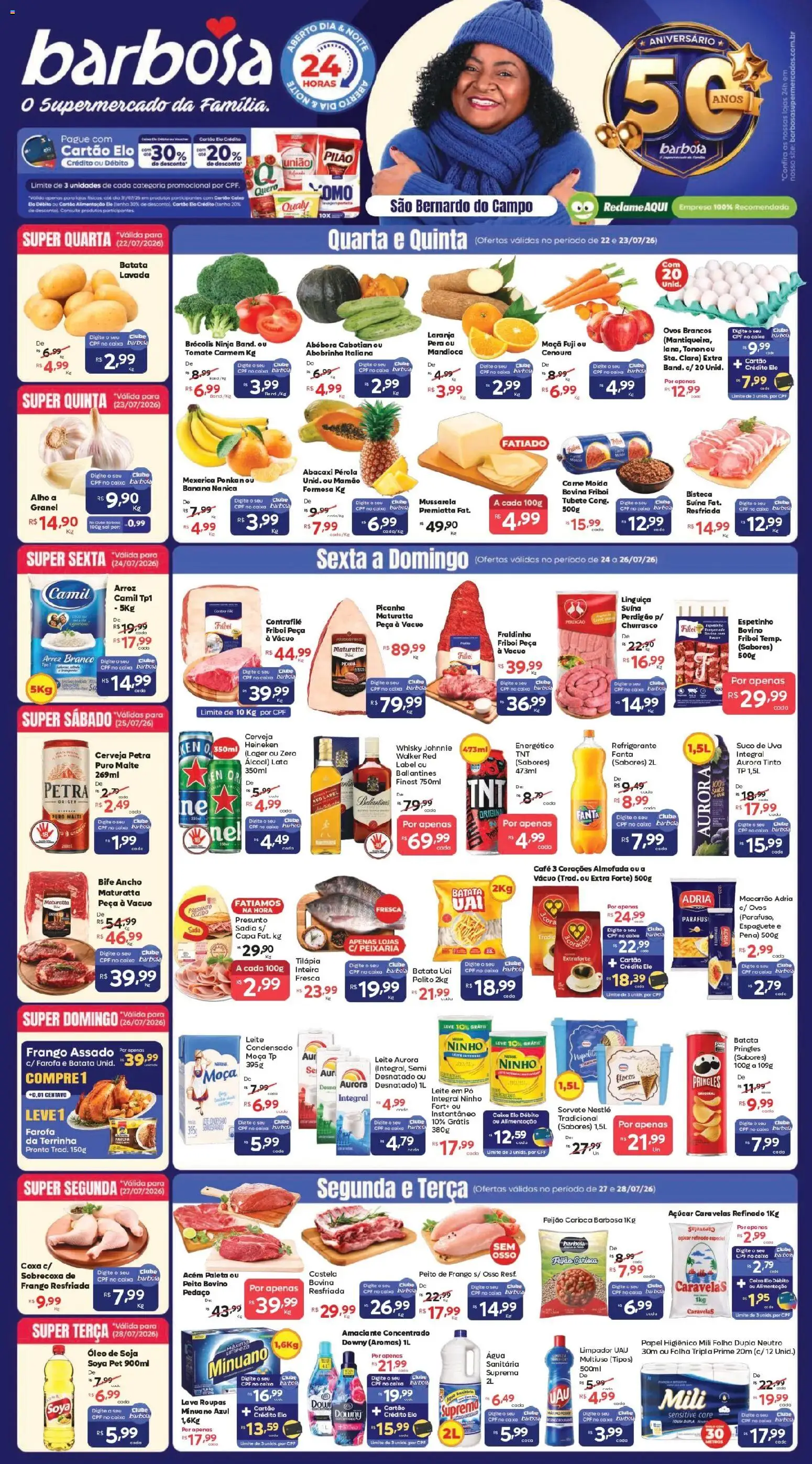 Barbosa Supermercados Folheto - válido de 22/07/2026 | Página: 1 | Produtos: Whisky, Linguiça, Açúcar, Água sanitária