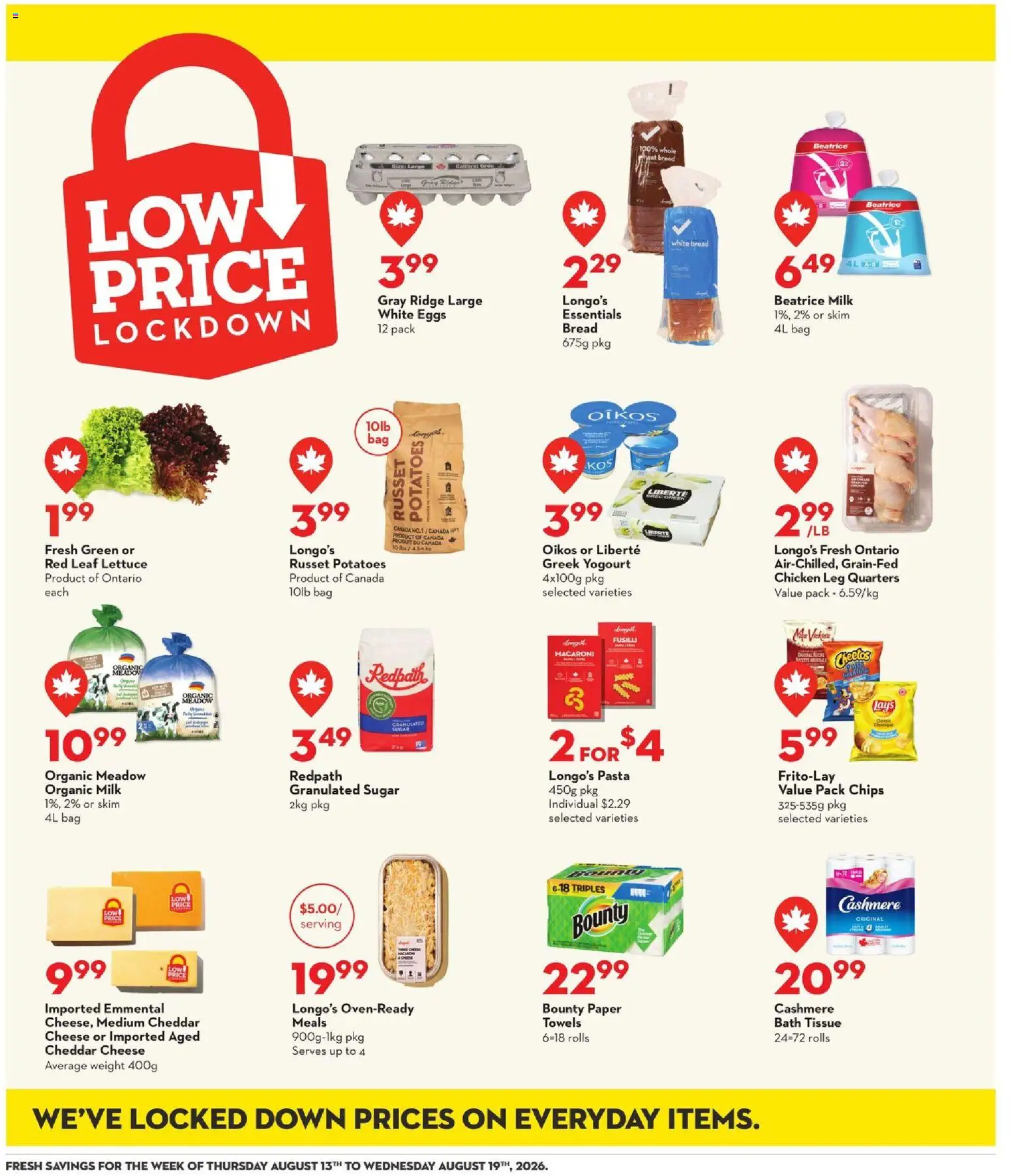 Longo's flyer valid from Aug 13, 2026 | Page: 15 | Products: Pasta, Bag, Granulated sugar, Cheese