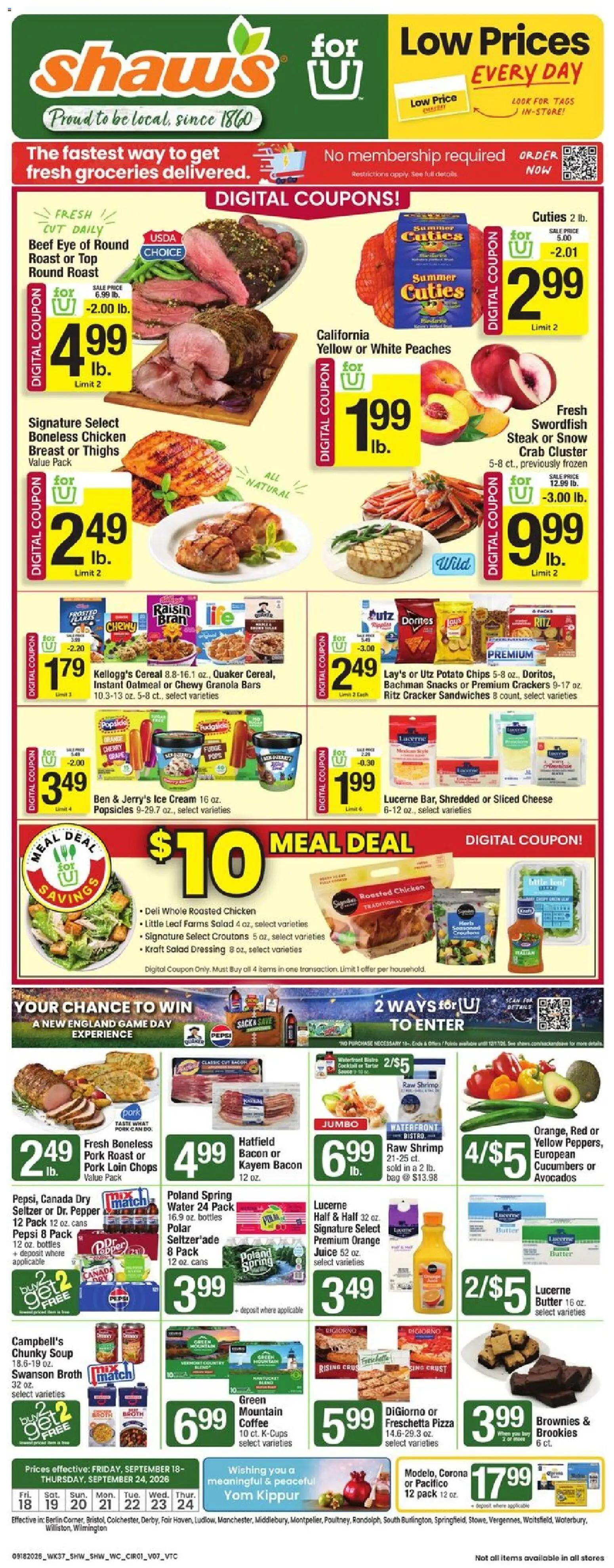 Shaw's Weekly Ad - valid from 09/18/2026 | Page: 1 | Products: Sliced cheese, Ice cream, Water, Steak