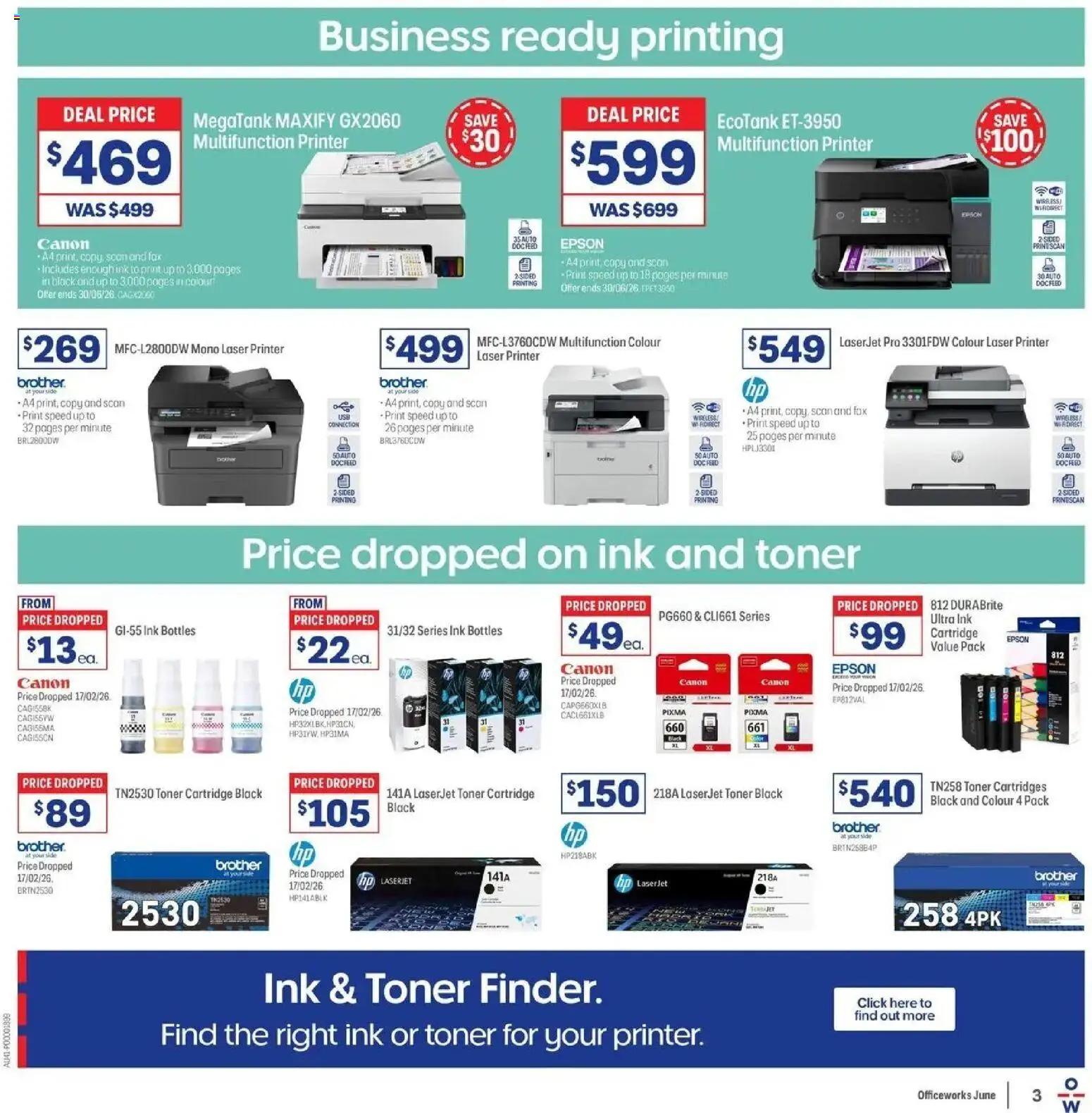 Officeworks catalogue - valid from 27.05.2026 | Page: 3 | Products: Printer, Fax, Laser printer, Toner