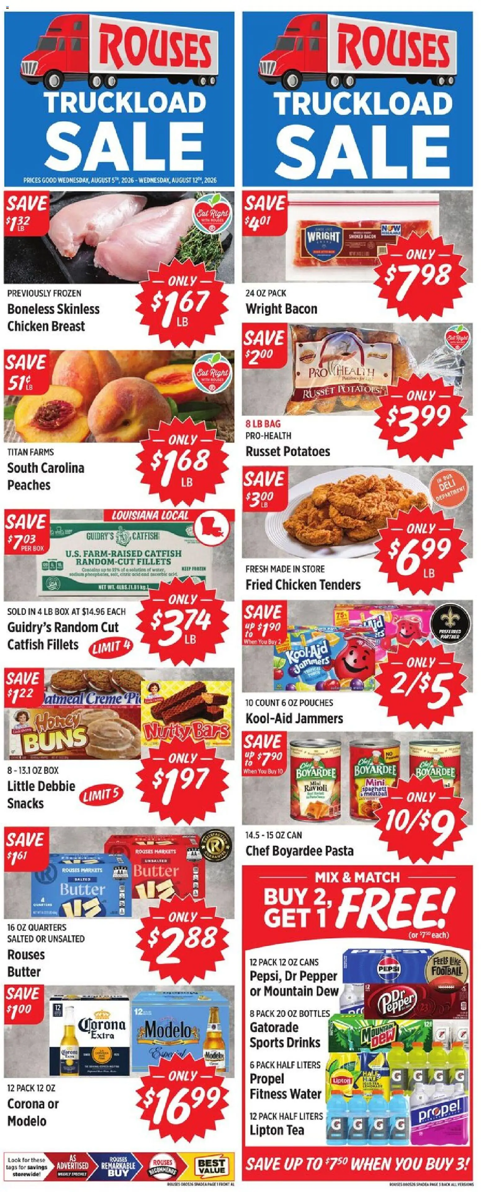 Rouses Weekly Ad - AL - valid from 08/05/2026 | Page: 1 | Products: Peaches, Butter, Pasta, Potatoes