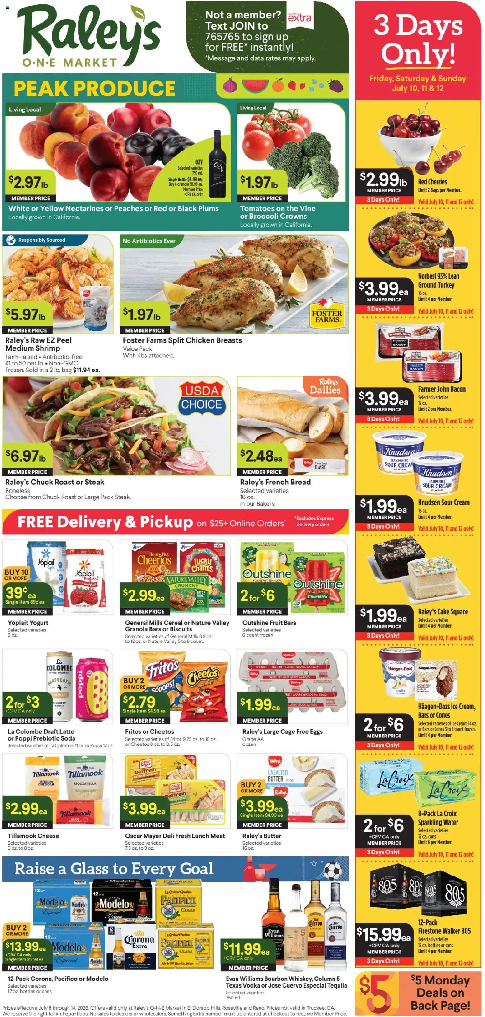 Raley's Ad - valid from 07/08/2026 | Page: 1 | Products: Cherries, Butter, Eggs, Vodka