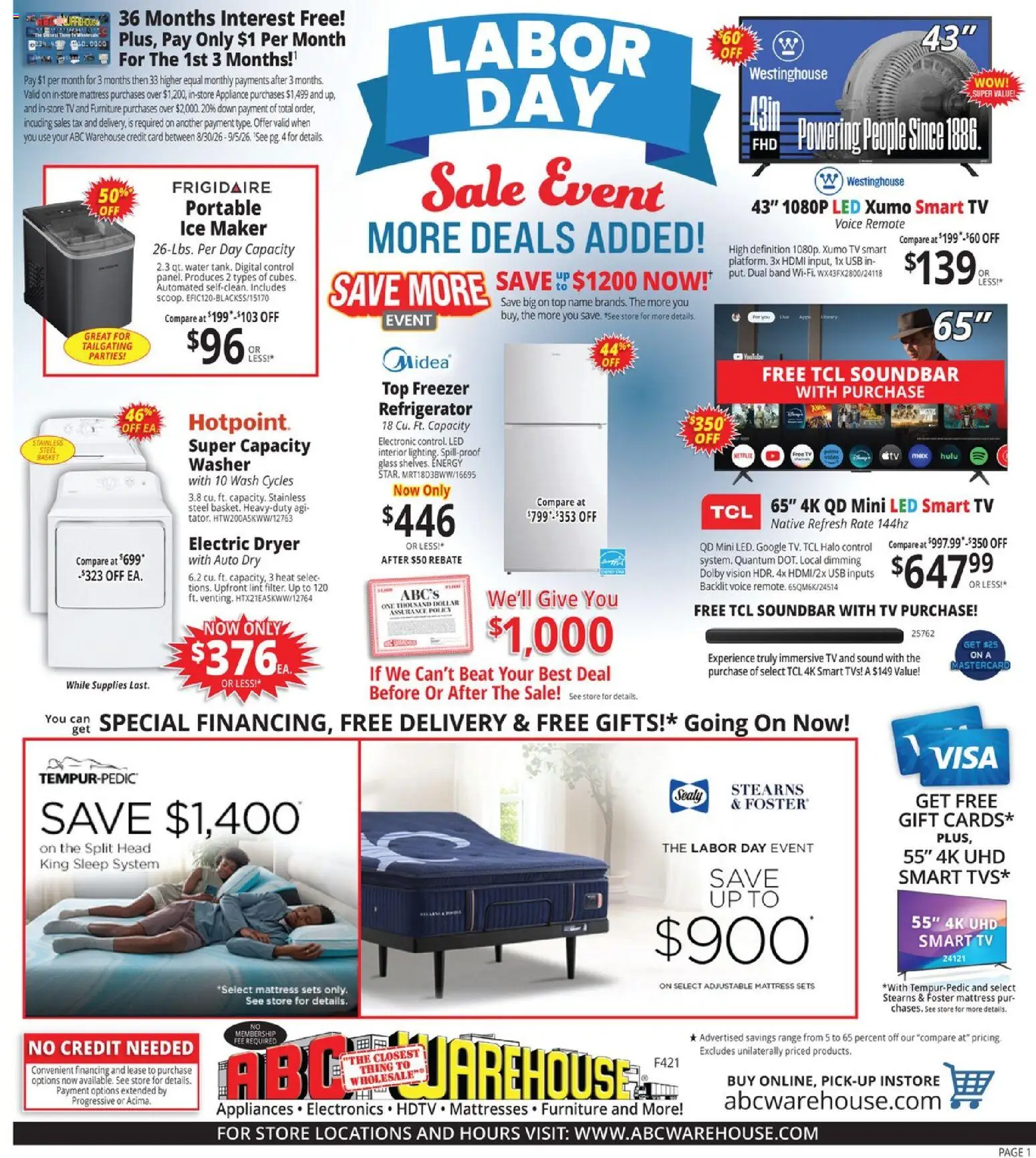 ABC Warehouse Weekly Ad - valid from 08/30/2026 | Page: 1 | Products: Basket, Tv, Ice Maker, Soundbar