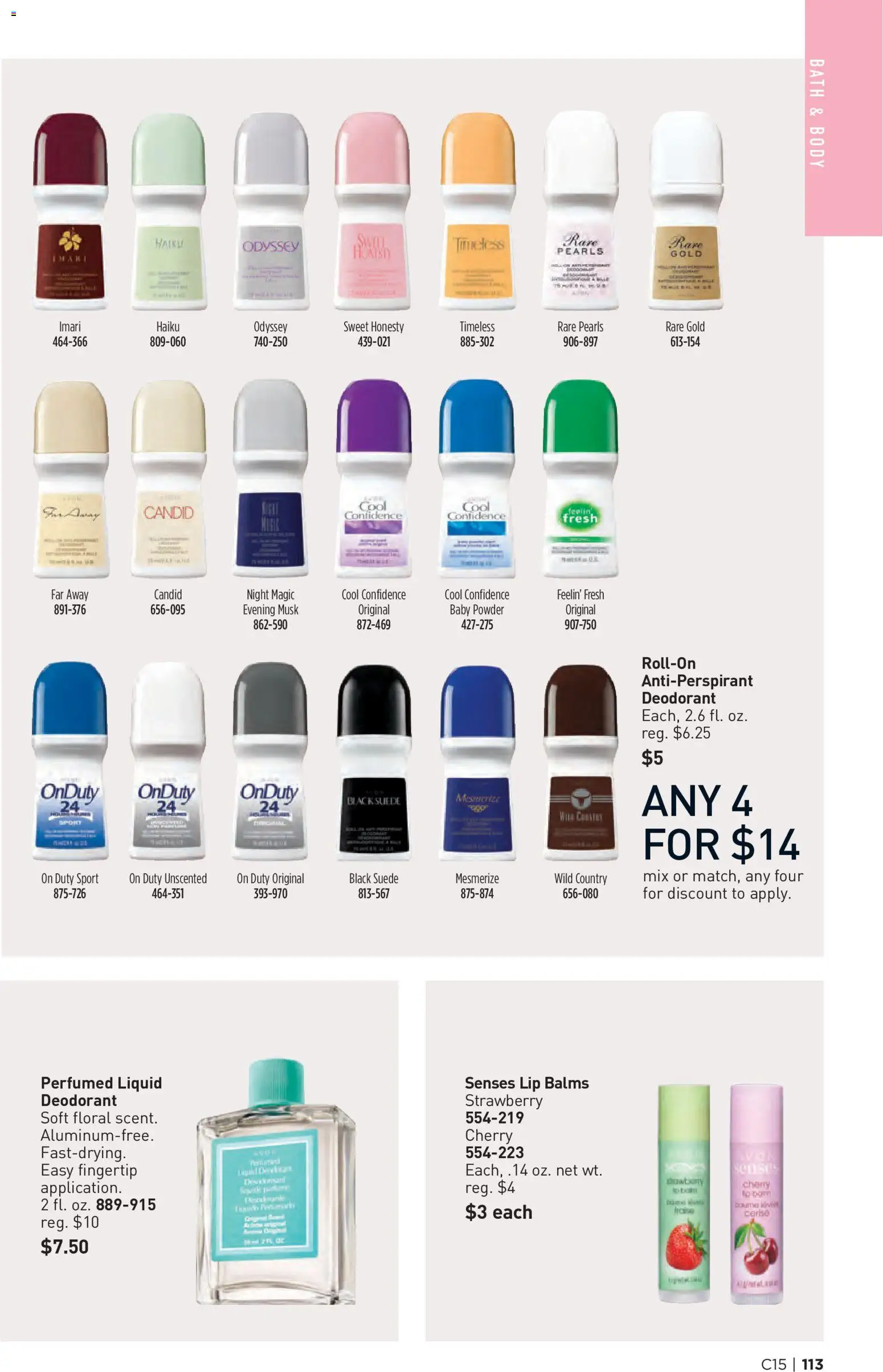 Avon Brochure - valid from 07/15/2026 | Page: 113 | Products: Bath, Powder, Deodorant, Antiperspirant