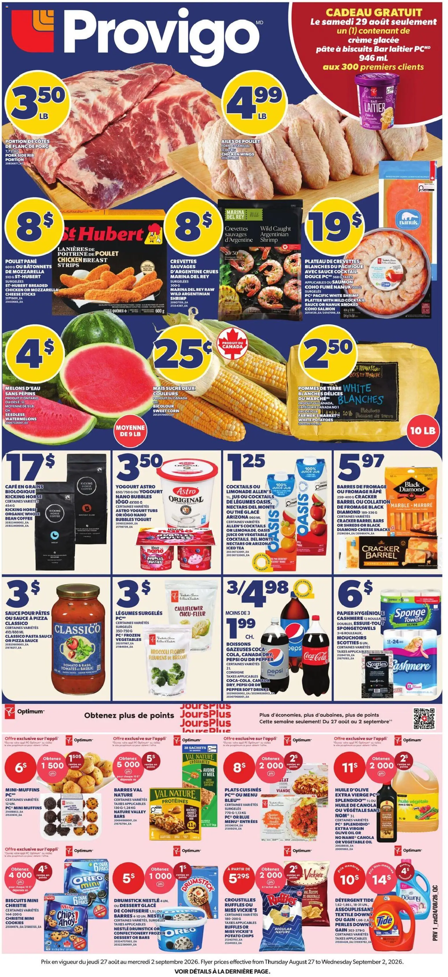 Provigo flyer valid from Aug 27, 2026 | Page: 1 | Products: Cookies, Cocktails, Pepsi, Vegetable oil