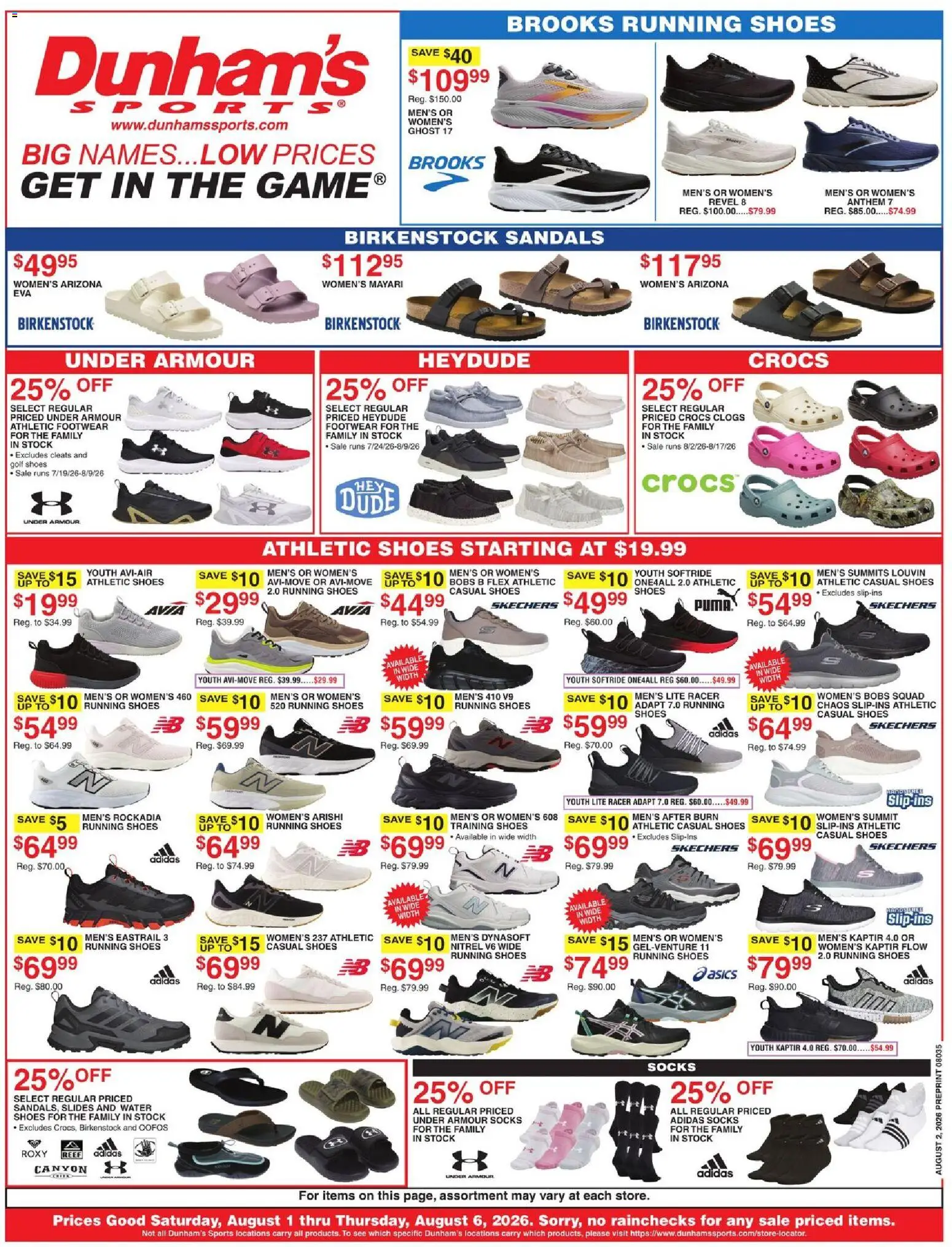 Dunham's Sports Weekly Ad - valid from 08/01/2026 | Page: 1 | Products: Socks, Water, Sandals