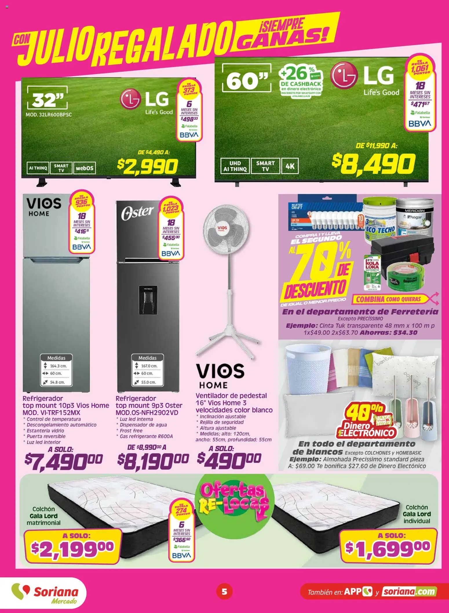 Nuevas ofertas de Soriana válidas en toda la República Mexicana desde el 26/06/2026. ¡Encuentra las mejores ofertas en Soriana Julio Regalado Mercado Nacional! | Página: 5 | Productos: Refrigerador, Agua, Top, Té
