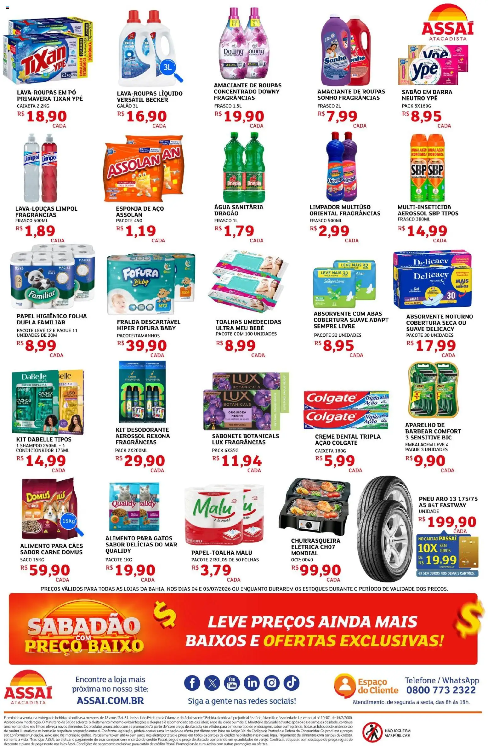 Assaí Atacadista Folheto - válido de 04/07/2026 | Página: 4 | Produtos: Pneu, Limpador multiuso, Sabonete, Creme dental