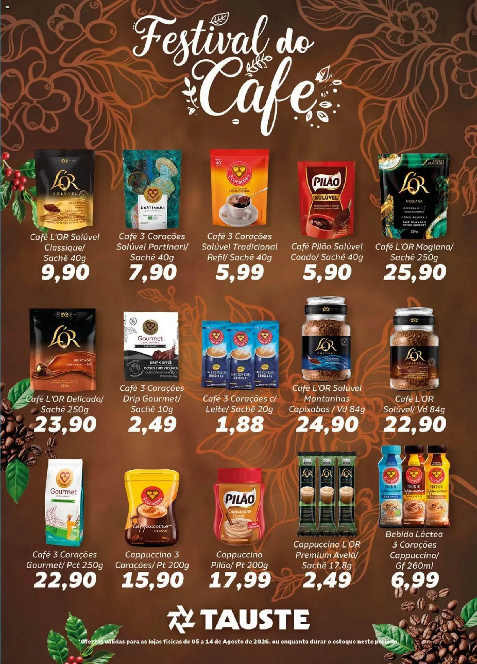 Tauste Folheto - válido de 05/08/2026 | Página: 1 | Produtos: Cappuccino, Café, Bebida, Café pilão