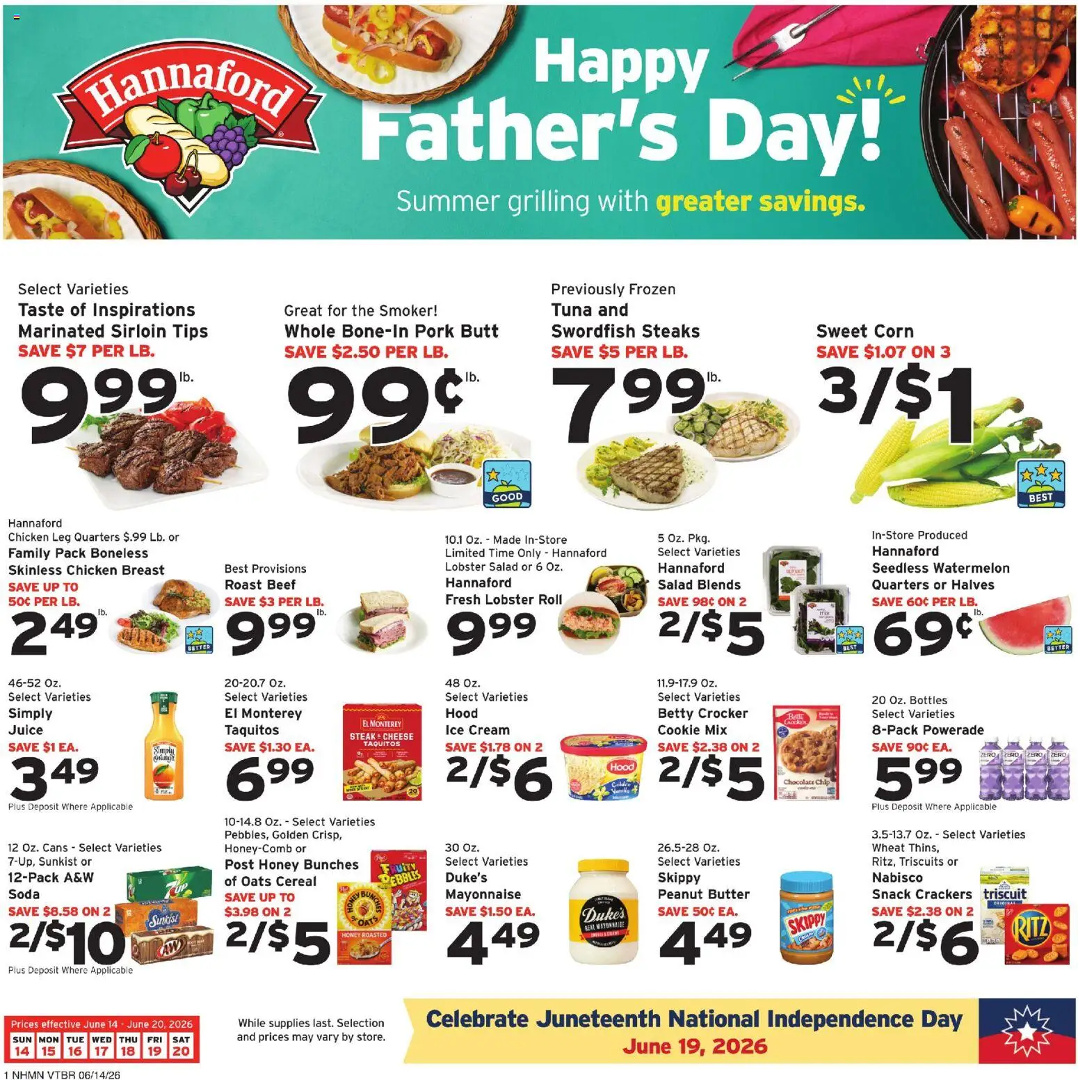 Hannaford Weekly Ad - valid from 14.06.2026 | Page: 1 | Products: Corn, Butter, Pork, Mayonnaise