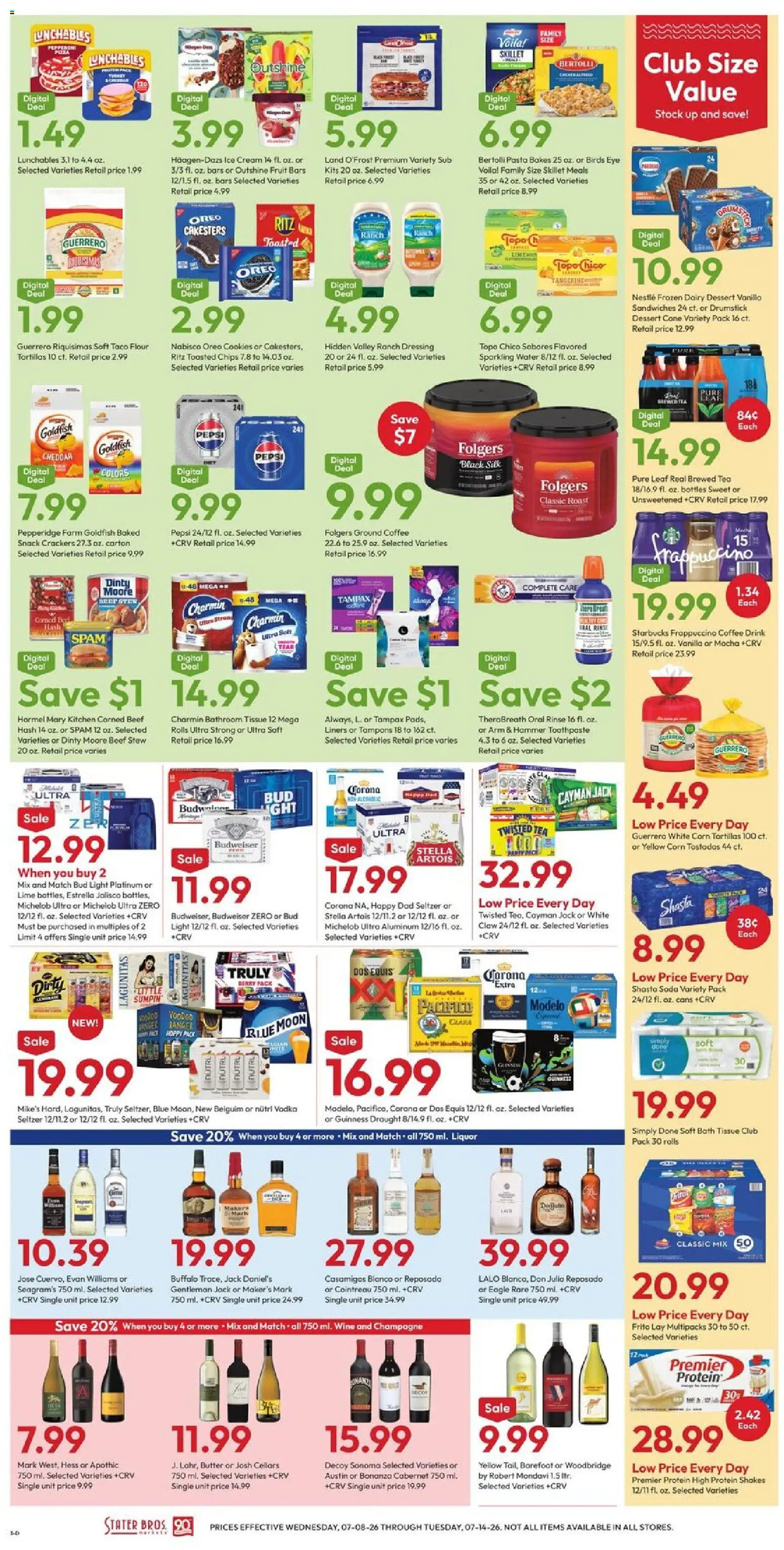 Stater Bros Weekly Ad - valid from 07/08/2026 | Page: 3 | Products: Corn, Tampons, Cream, Vodka