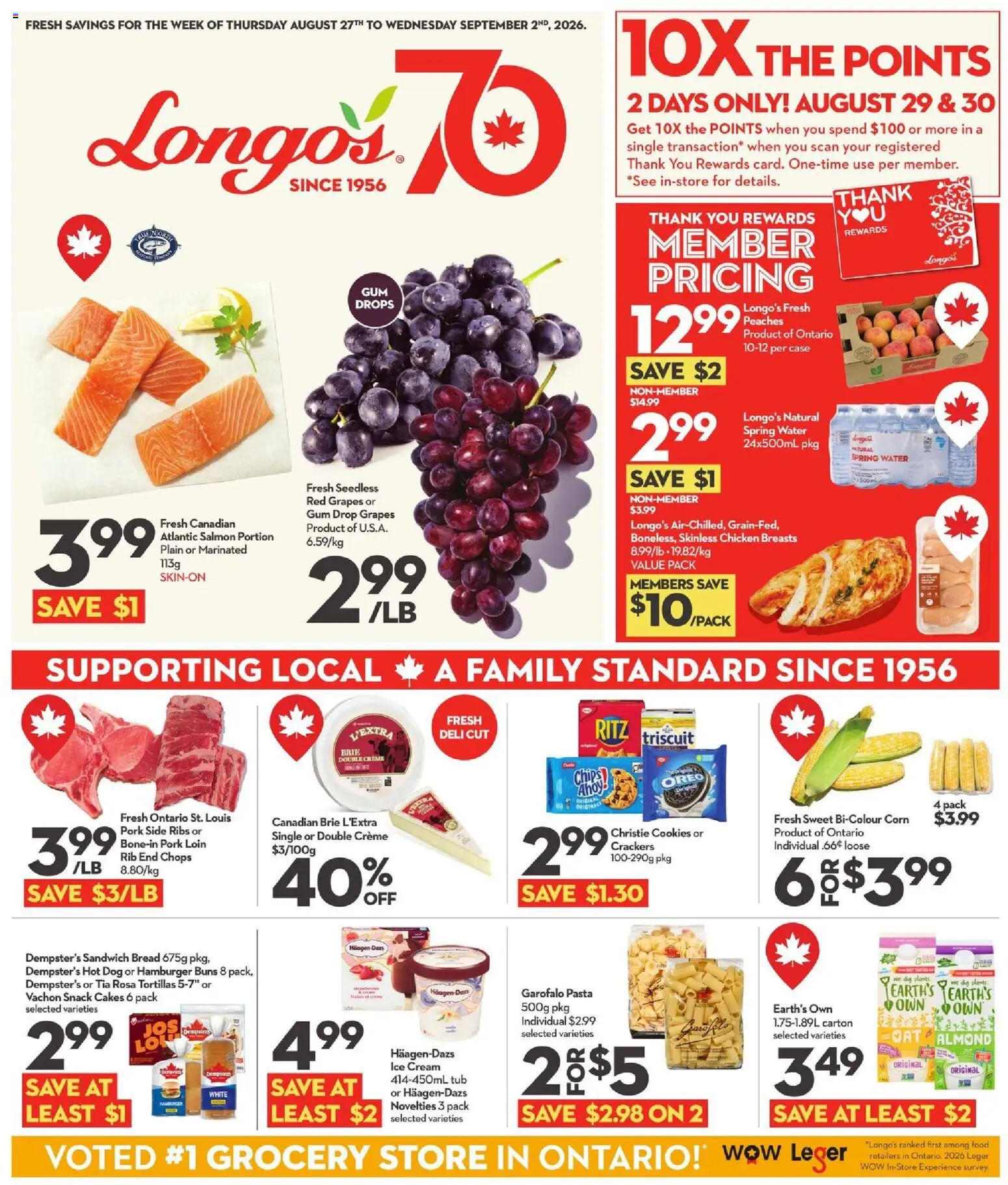 Longo's flyer valid from Aug 27, 2026 | Page: 1 | Products: Pasta, Peaches, Ice, Pork loin