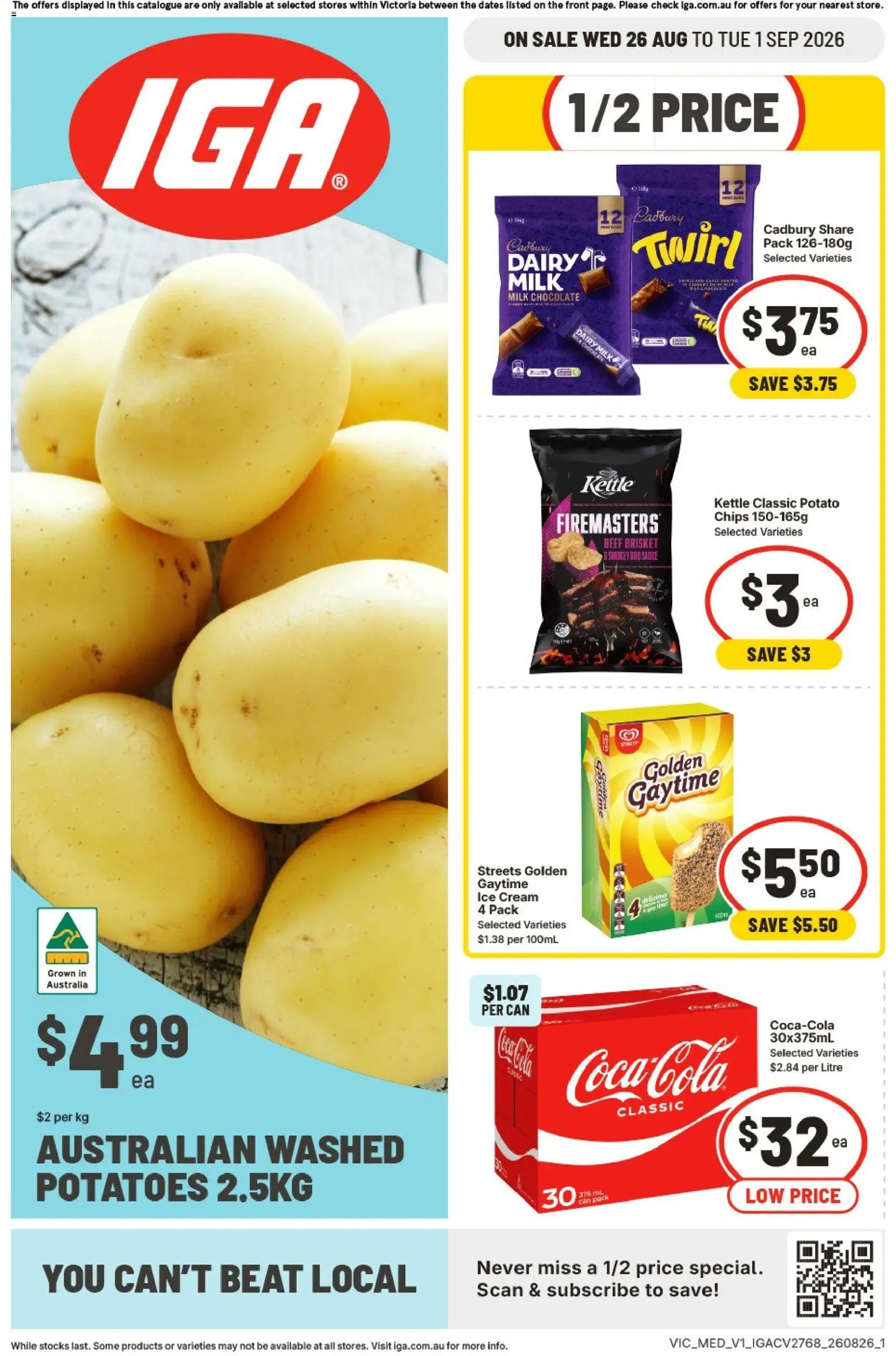IGA catalogue - valid from 26/08/2026 | Page: 1 | Products: Dairy, Beef, Potatoes, Ice