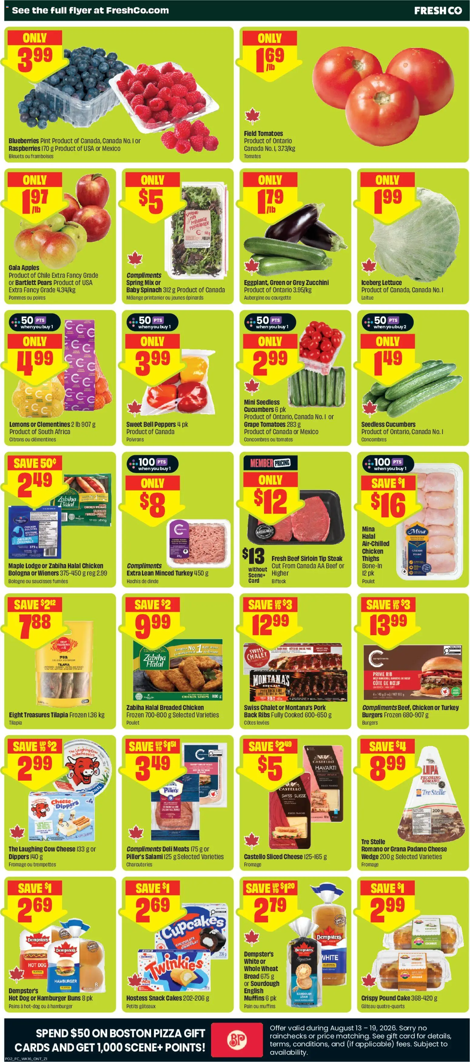 FreshCo flyer valid from Aug 13, 2026 | Page: 3 | Products: Grana Padano, Blueberries, Cheese, Apples