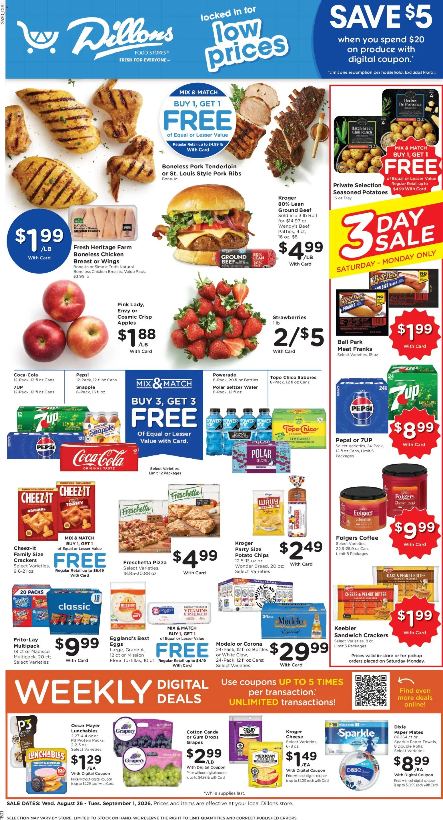 Dillons Weekly Ad - valid from 08/26/2026 | Page: 1 | Products: Oreo, Strawberries, Grapes, Pepsi