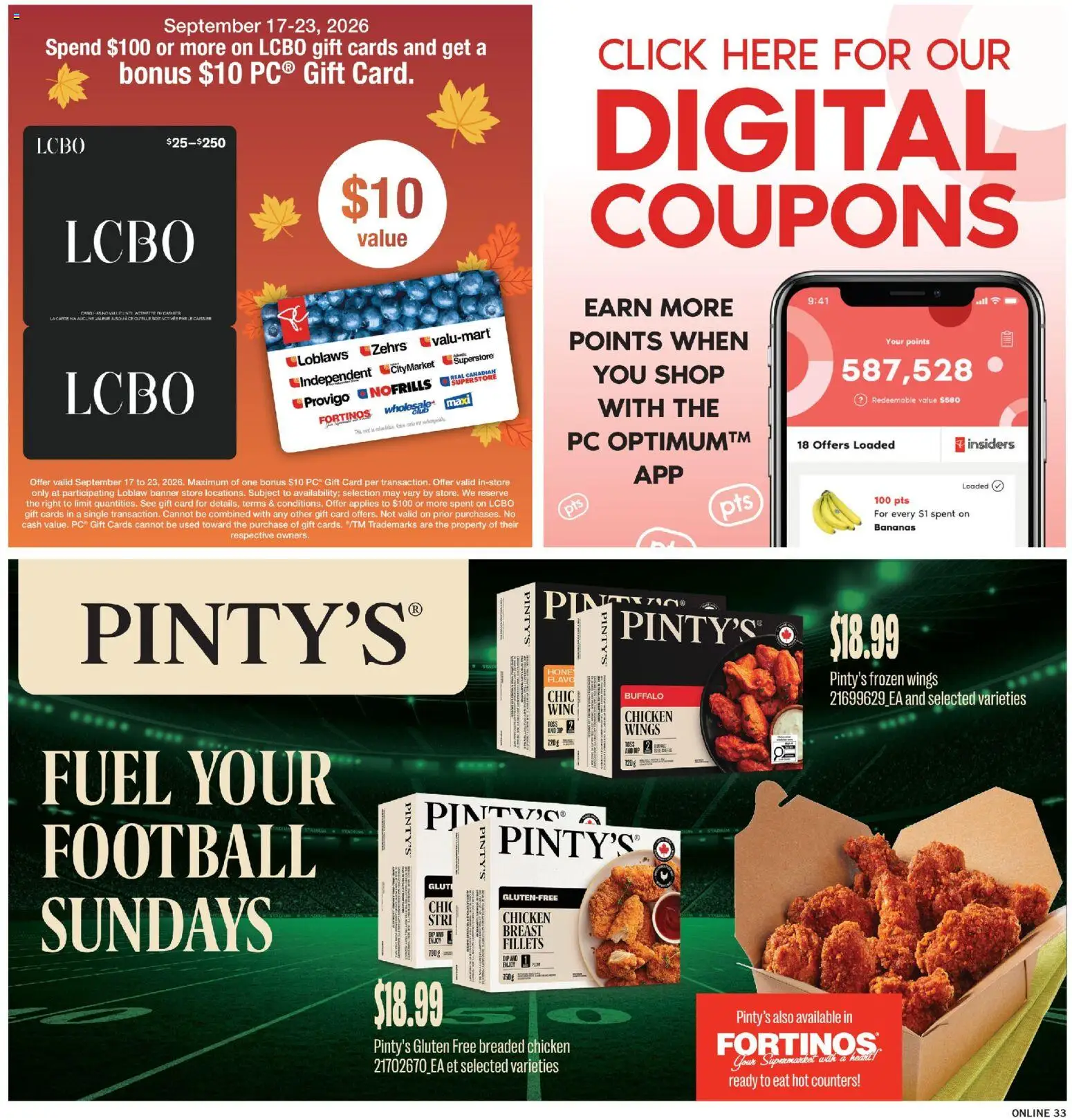 Fortinos flyer valid from Sep 17, 2026 | Page: 31 | Products: Chicken wings, Honey, Chicken, Bananas
