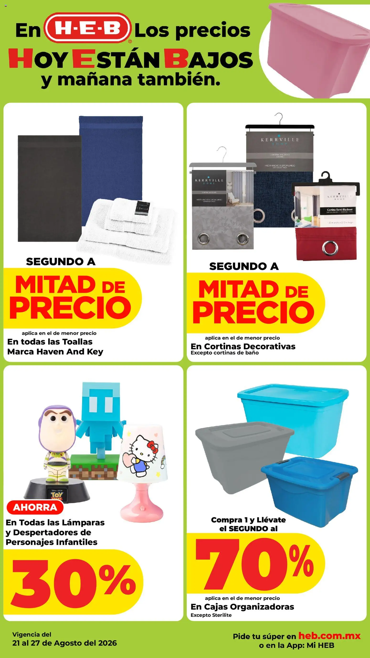 Nuevas ofertas de H-E-B válidas en toda la República Mexicana desde el 21/08/2026. ¡Encuentra las mejores ofertas en H-E-B folleto! | Página: 21 | Productos: Toallas, Cortinas, Baño