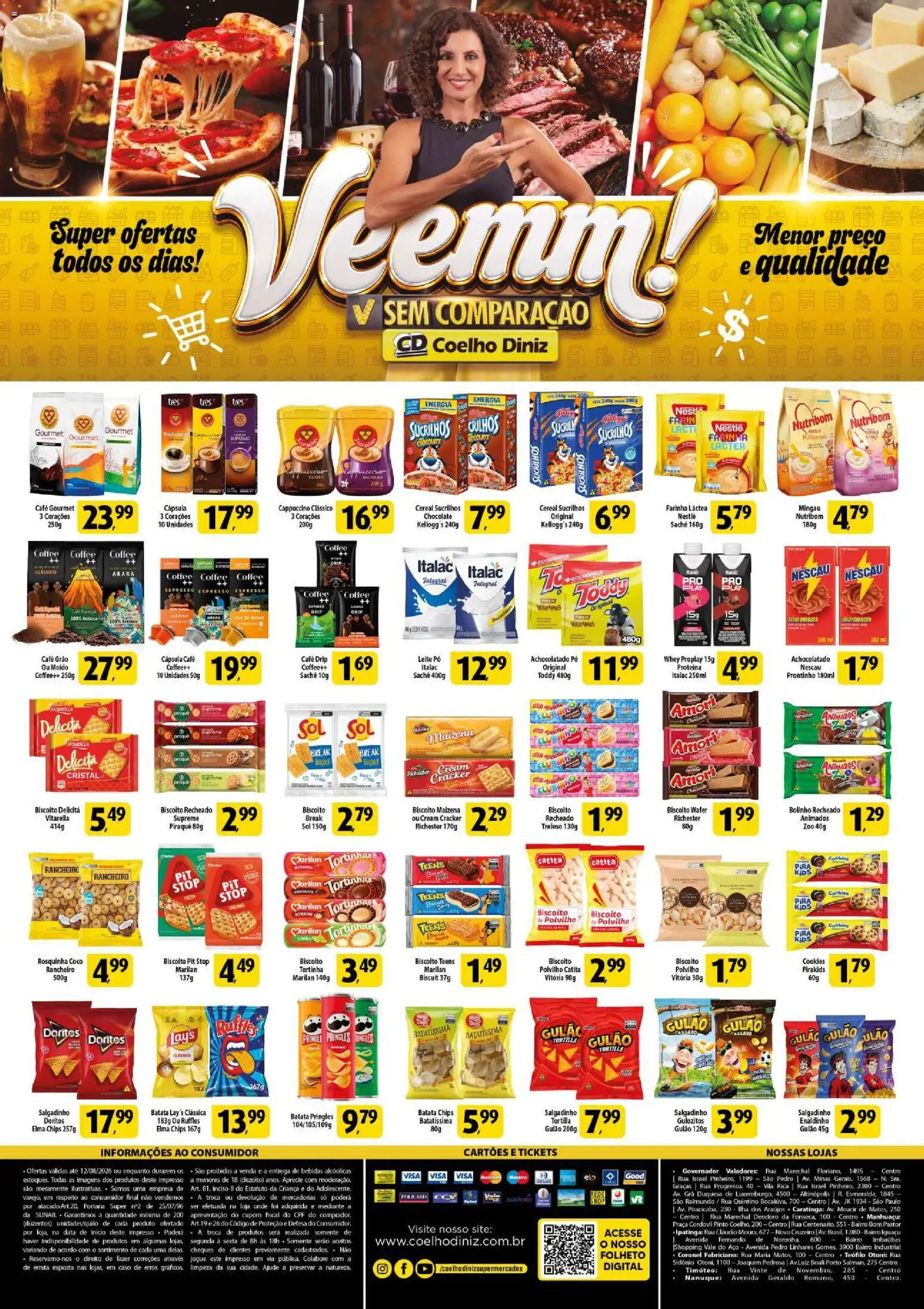 Coelho Diniz Folheto - válido de 22/07/2026 | Página: 1 | Produtos: Sucrilhos, Rosquinha, Cookies, Biscoito recheado