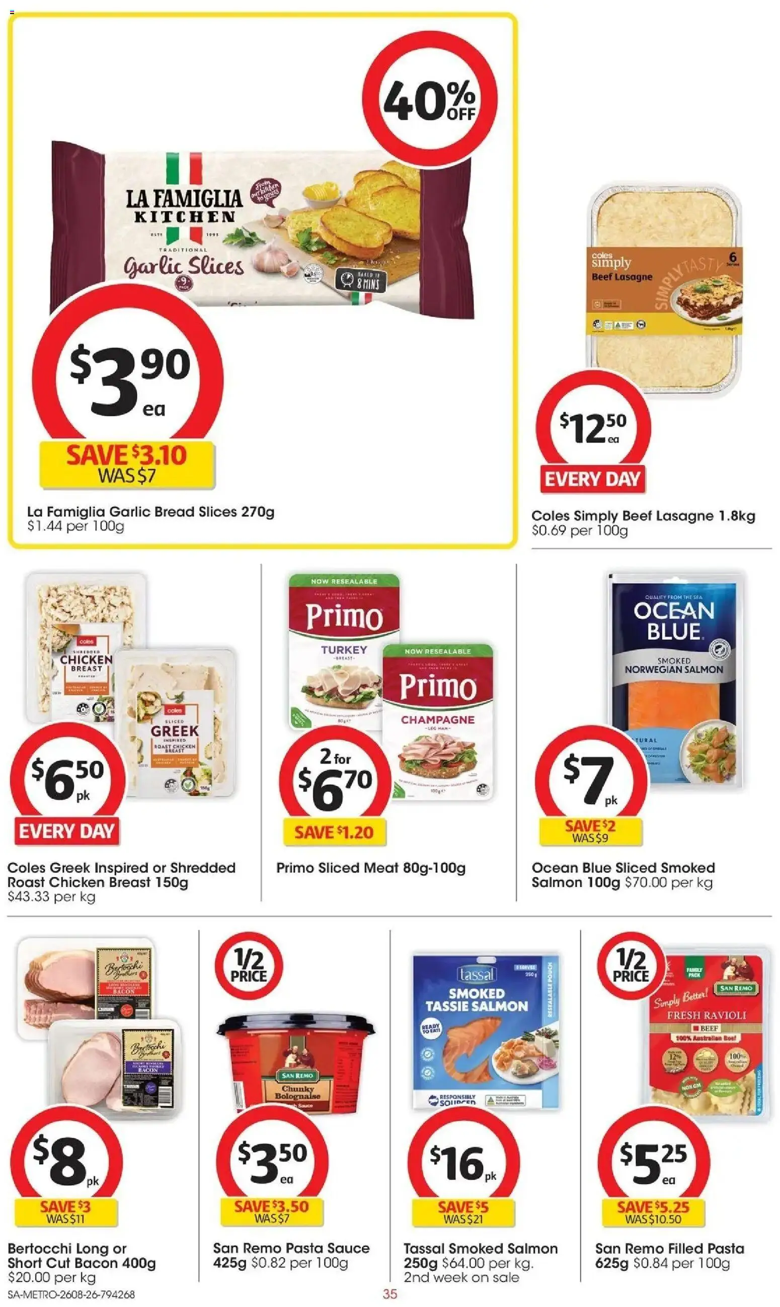 ﻿Coles catalogue valid from 26/08/2026 > Online Australia | Page: 35 | Products: Turkey breast, Chicken breast, Sauce, Lasagne