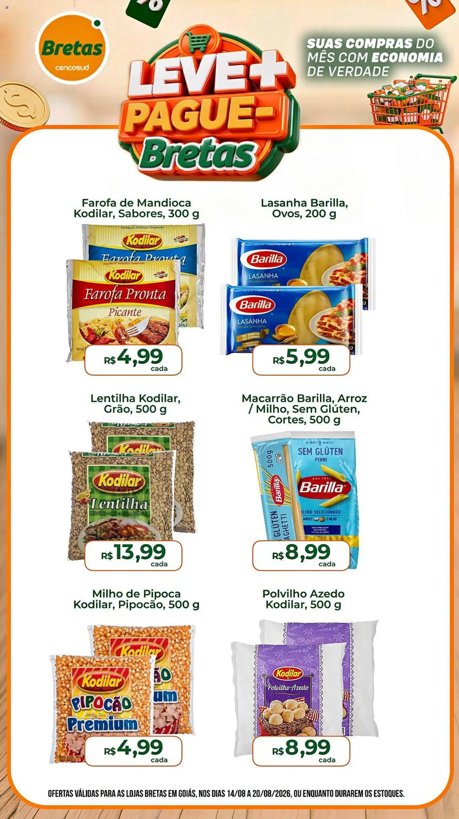 Bretas Folheto - válido de 14/08/2026 | Página: 5 | Produtos: Macarrão, Massa, Farofa, Pipoca