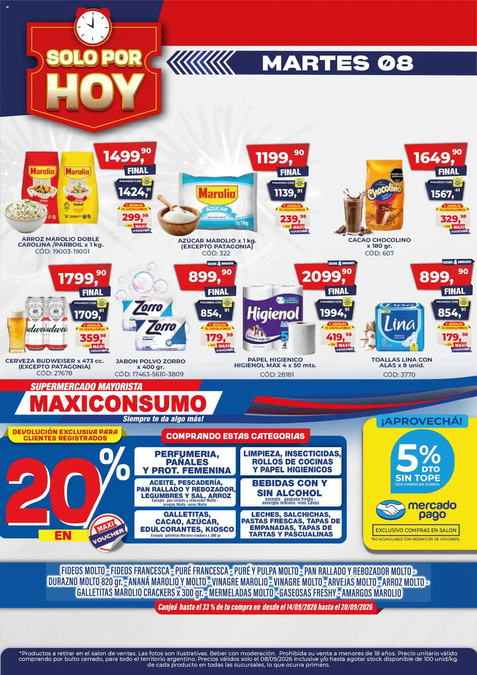 Maxiconsumo - ¡SOLO POR HOY! │ válido desde el 08/09/2026 | Página: 1 | Productos: Papel higiénico, Vinagre, Cacao, Pan rallado