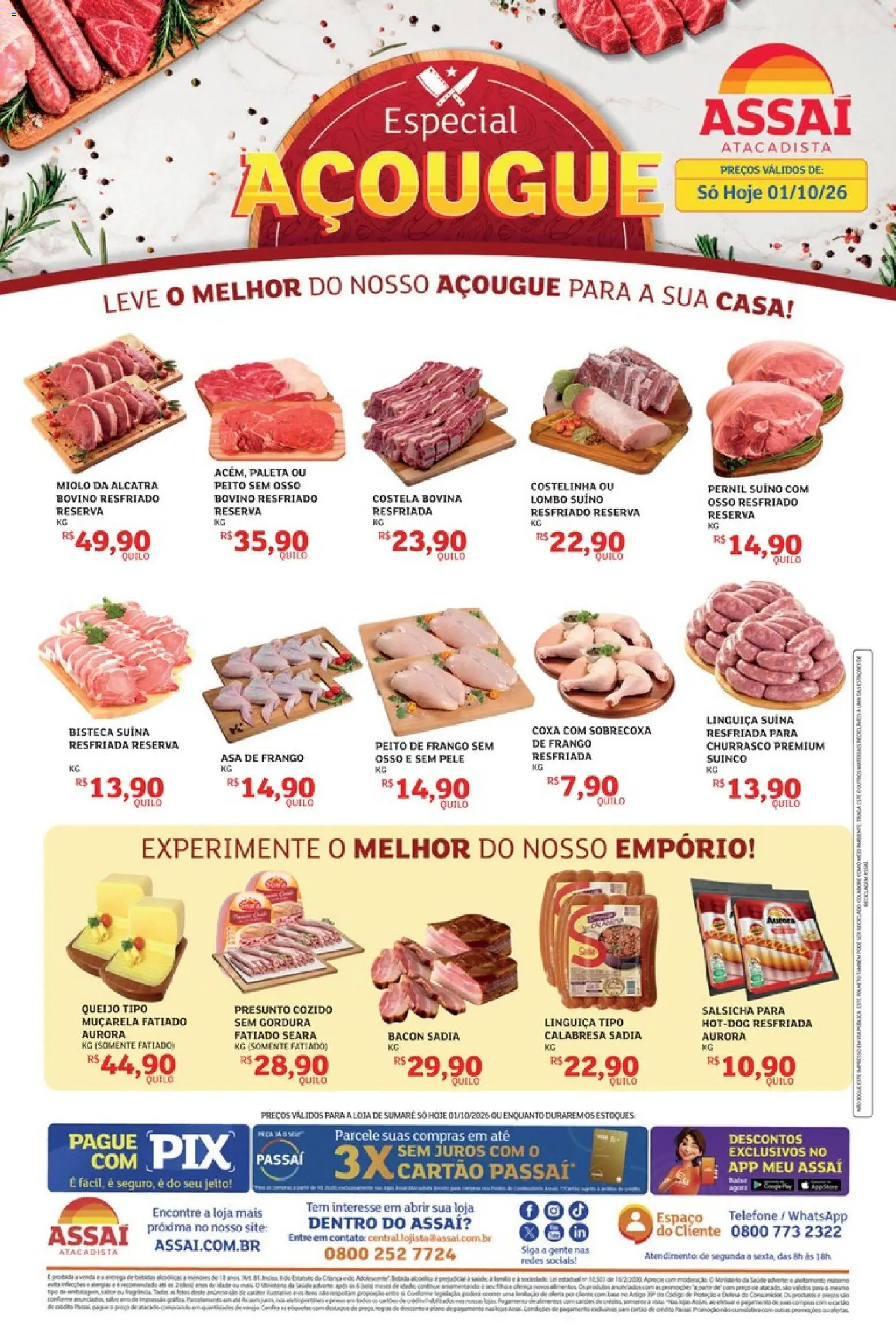 Assaí Atacadista Folheto - válido de 01/10/2026 | Página: 1 | Produtos: Salsicha, Costela bovina, Telefone, Bacon