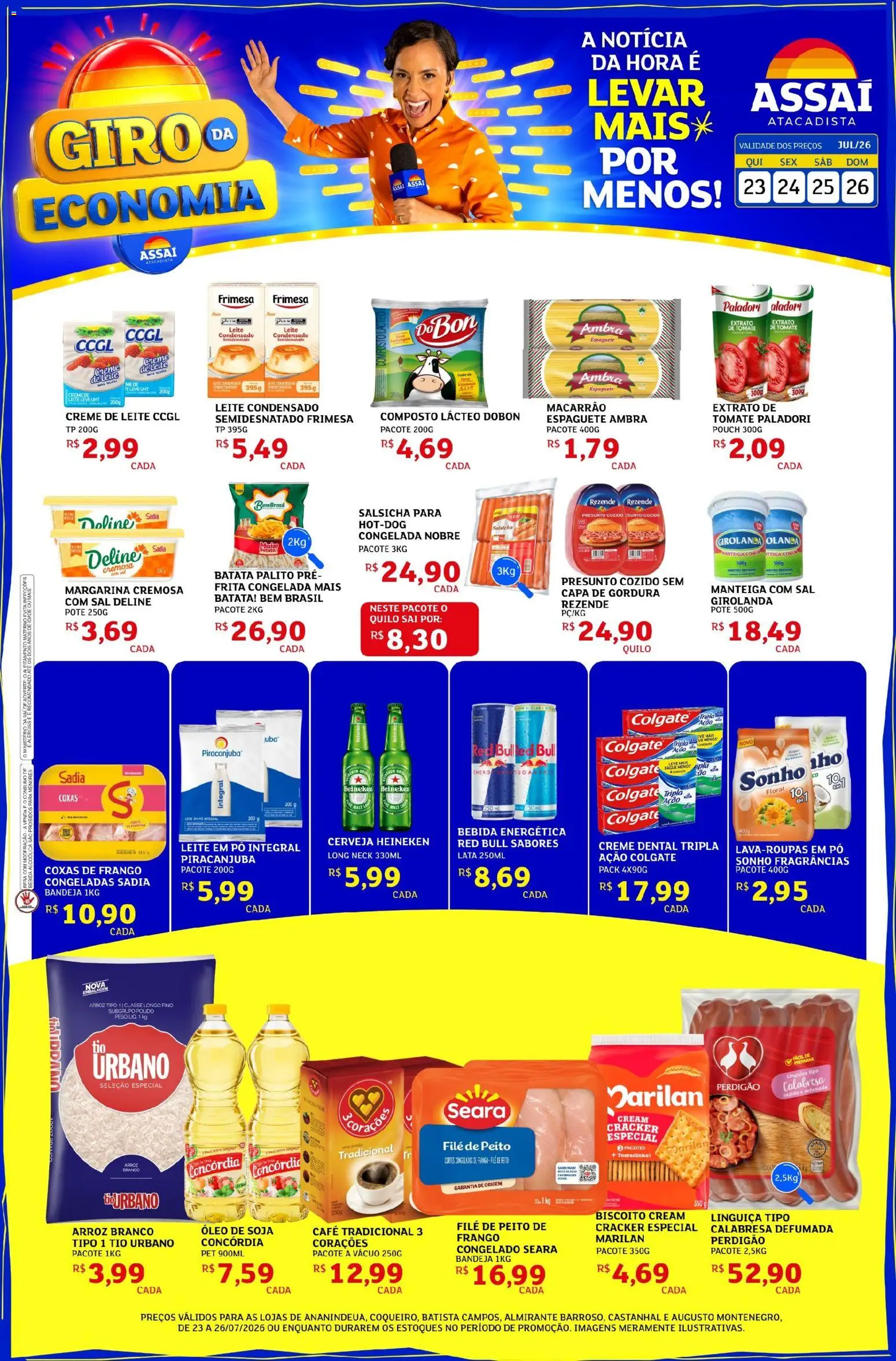 Assaí Atacadista Folheto - válido de 23/07/2026 | Página: 1 | Produtos: Salsicha, Heineken, Cream cracker, Leite condensado