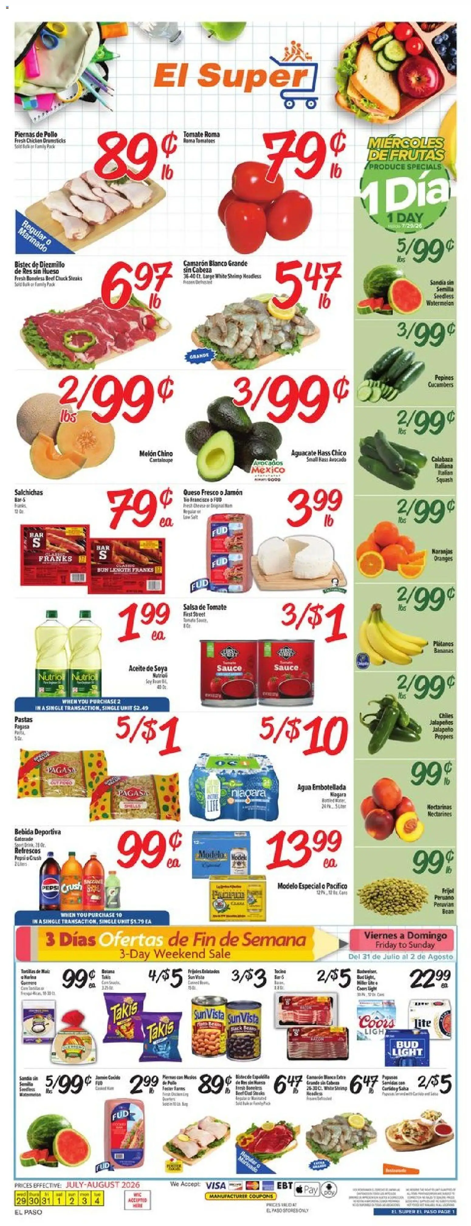 El Super Weekly Ad - TX - valid from 07/29/2026 | Page: 1 | Products: Bananas, Beef, Cucumbers, Watermelon