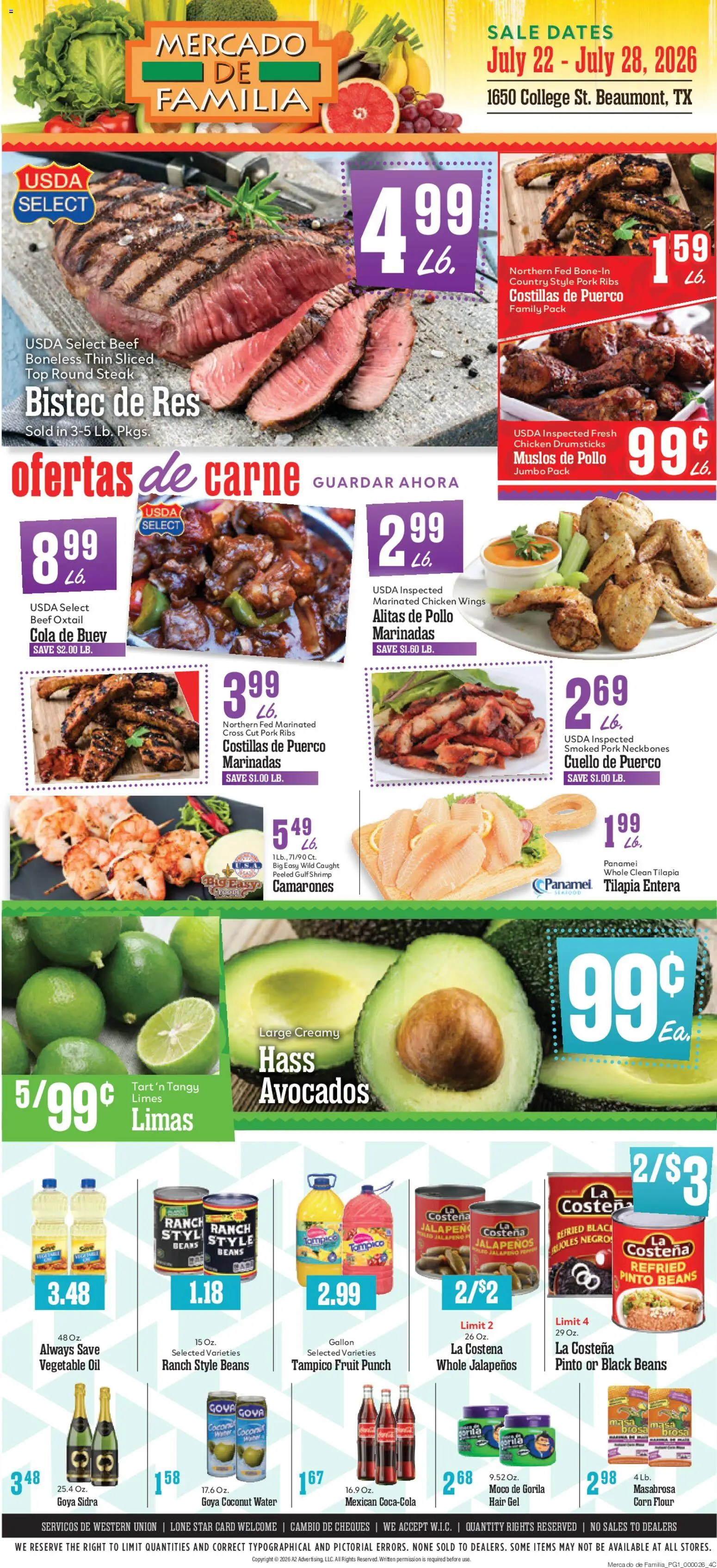 Market Basket Mercado de Familia - valid from 07/22/2026 | Page: 1 | Products: Corn, Pork, Beef, Water
