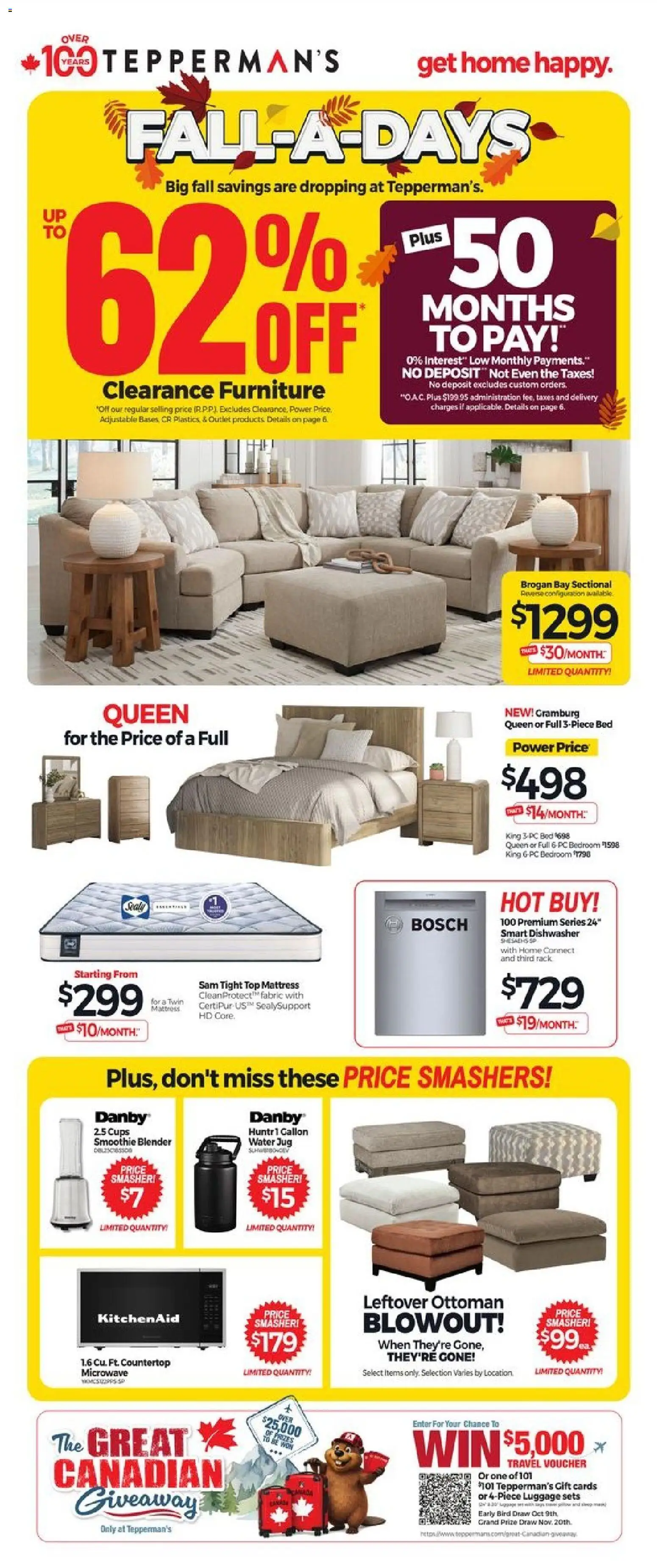 Tepperman's flyer valid from Sep 18, 2026 | Page: 1 | Products: Luggage, PC, Water, Bed